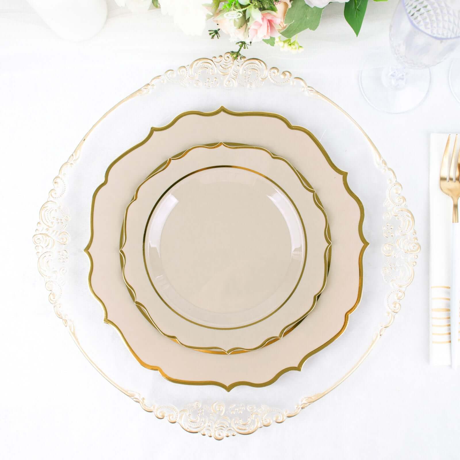 10-Pack Plastic 8 Round Desert Plates in Taupe with Gold Scalloped Rim - Disposable Appetizer/Salad Plates