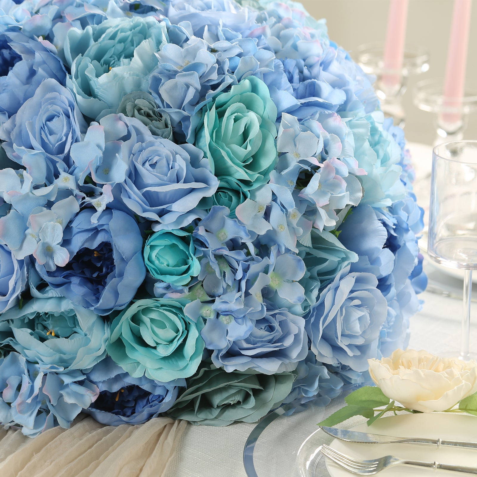 Pre-Arranged Silk Rose Bouquet Floral Arrangement Table Decor, Large Blue Artificial Rose Flower Balls Wedding Centerpieces - 20