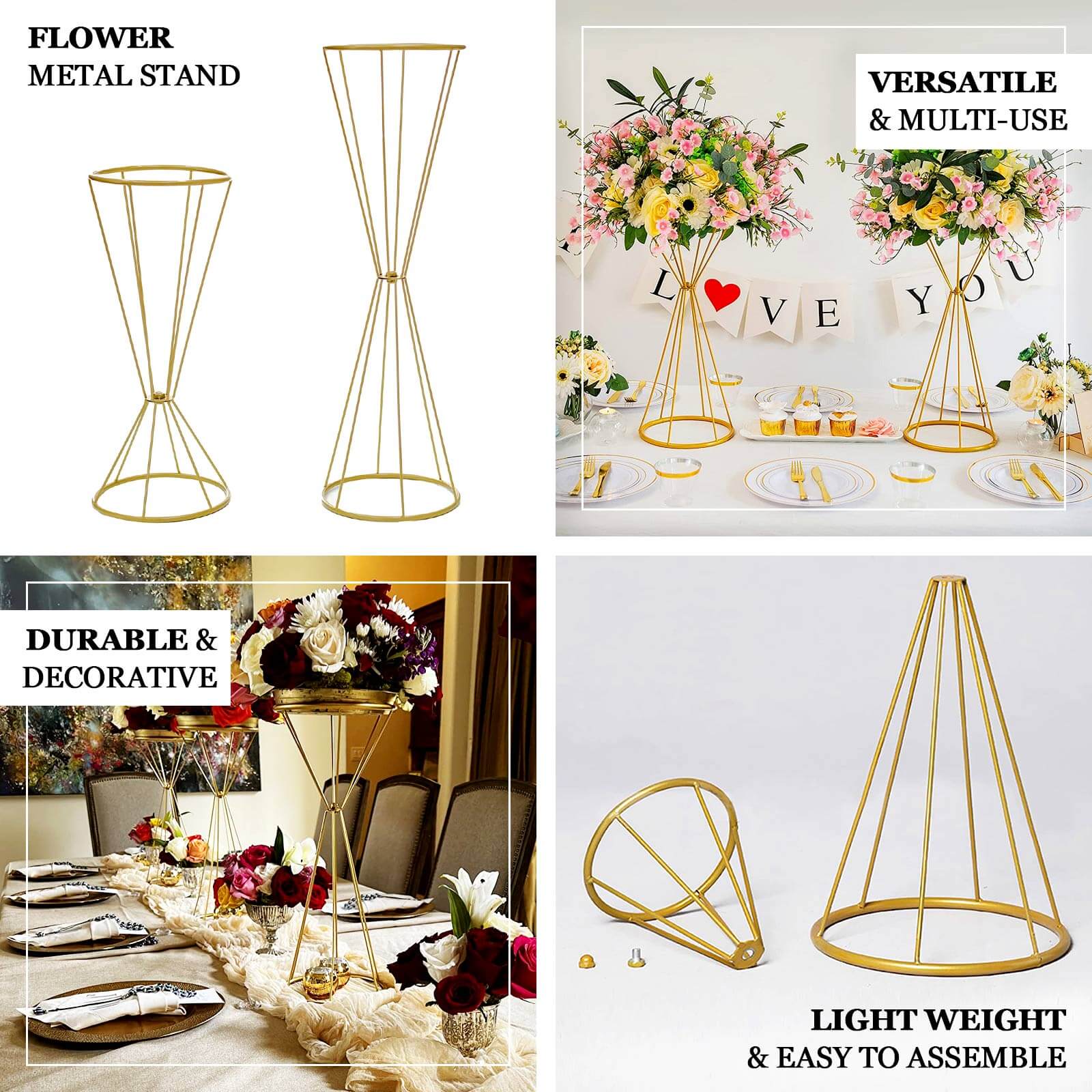 Dual Cone Reversible Flower Stand Gold Metal Geometric Pedestal - Wedding Centerpiece 27