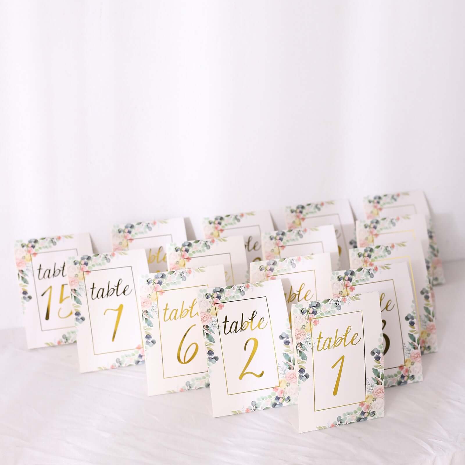 25-Pack Paper Wedding Table Numbers 1-25 White Peony Flower Design - Free Standing Double Sided Table Signs with Glam Gold Foil Numbers 7