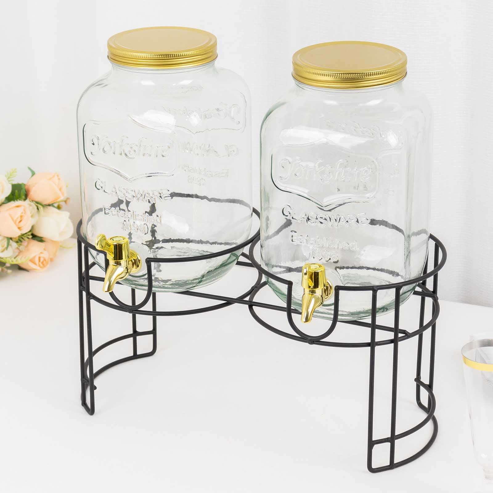 2-Pack Clear Glass Beverage Dispenser Stand, Dual Juice Jars with Gold Metal Lids and Spigot - Convenient Serving Feature 2-Gallon