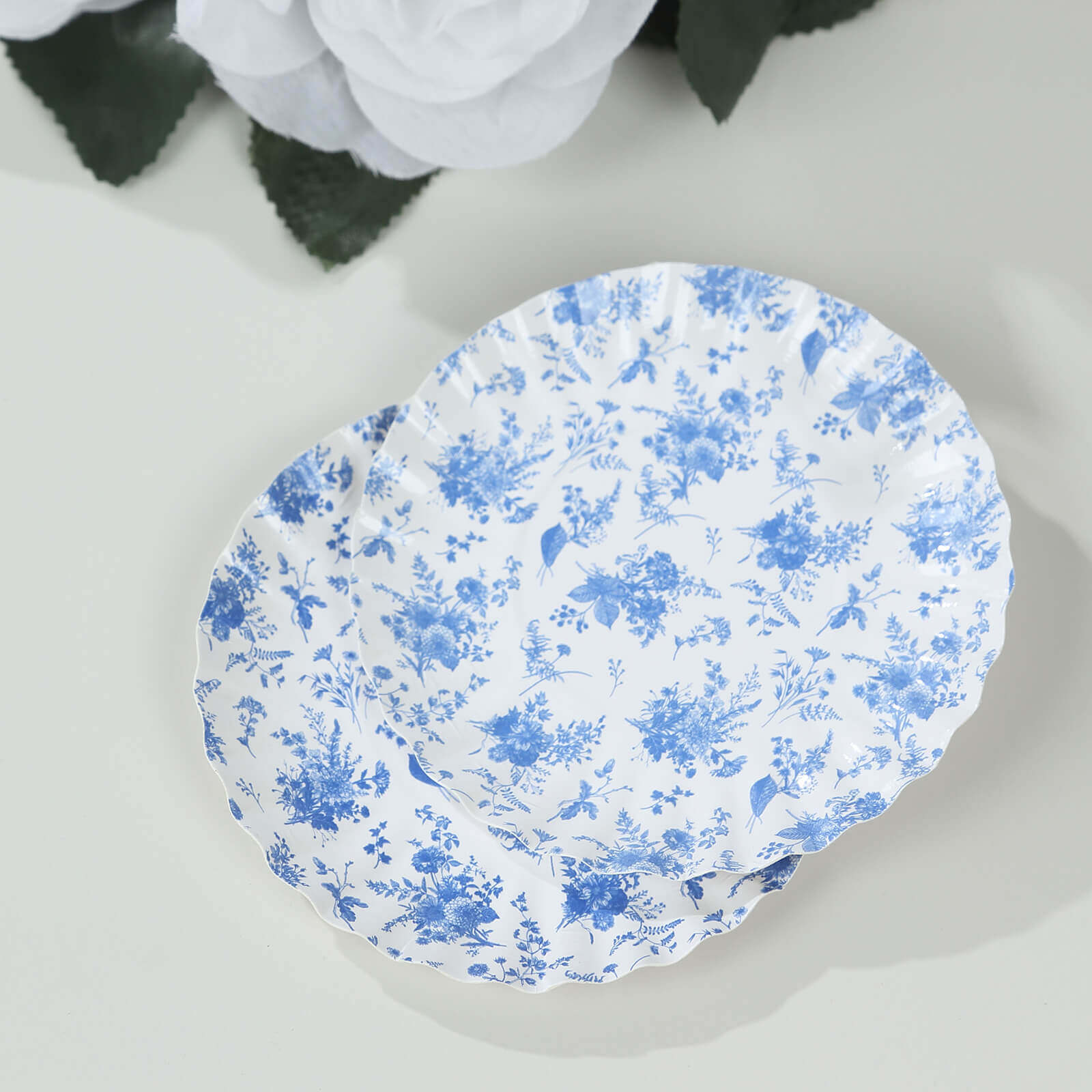 100-Pack Paper 3.5 Round Plates in White with Blue French Toile Design & Scalloped Rim - Disposable Mini 250GSM Dessert Party Plates for Tapas, Appetizers & Finger Foods