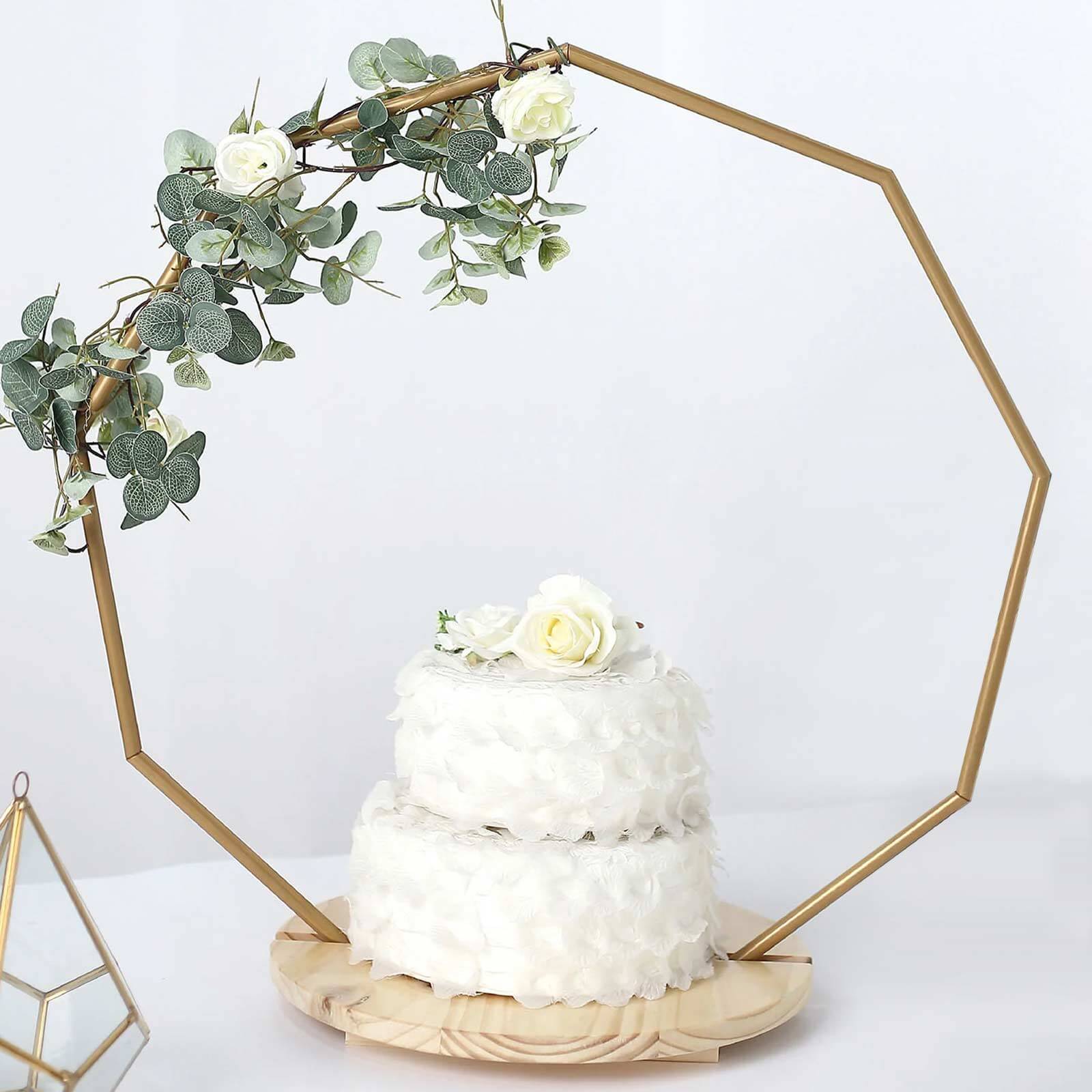 Metal Nonagon Floral Hoop Cake Stand Gold - Chic Geometric Dessert Display DIY Centerpiece Table Decoration With Wooden Base 27