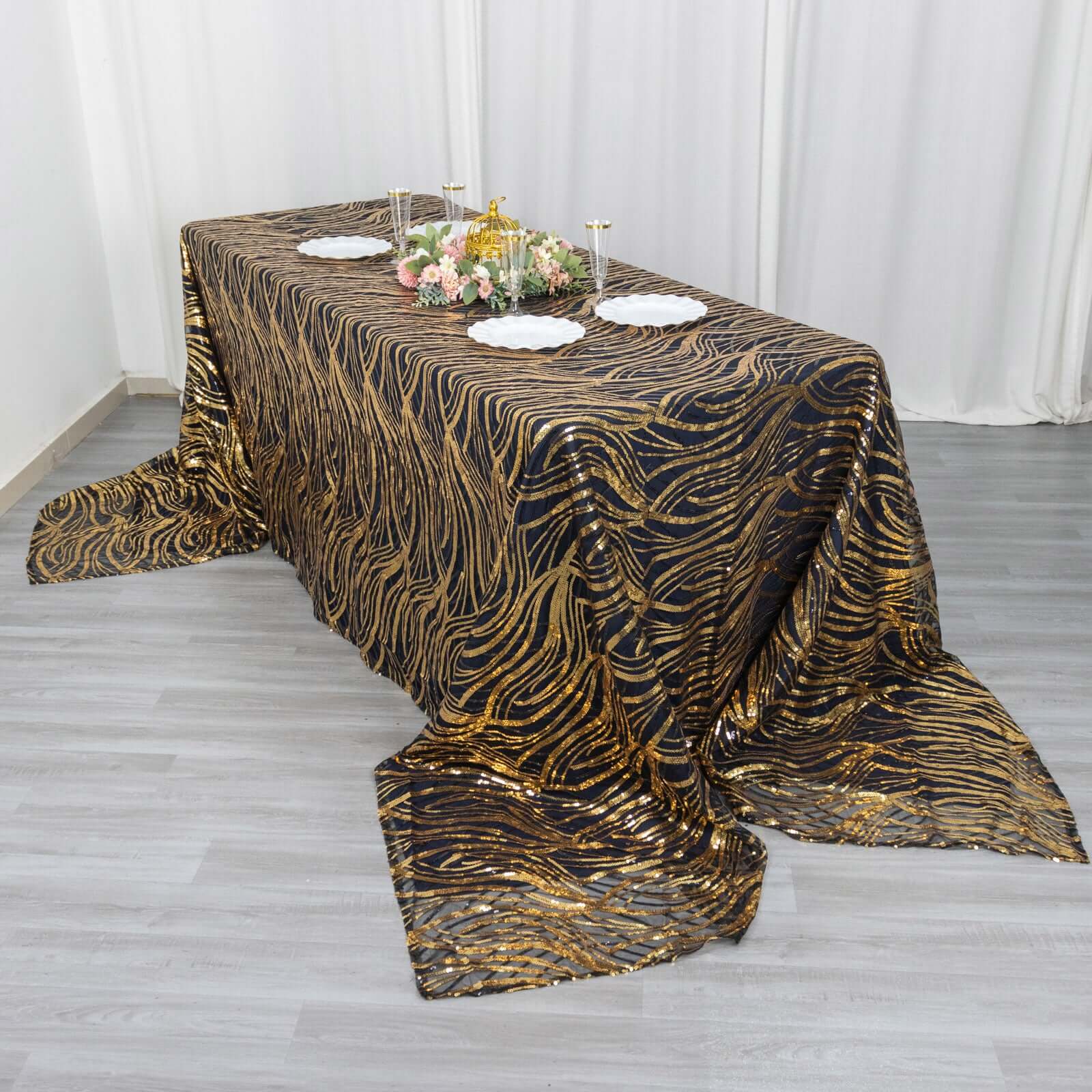 Mesh 90x156 Rectangle Tablecloth Black/Gold - Wave Sequin Embroidered Table Cover