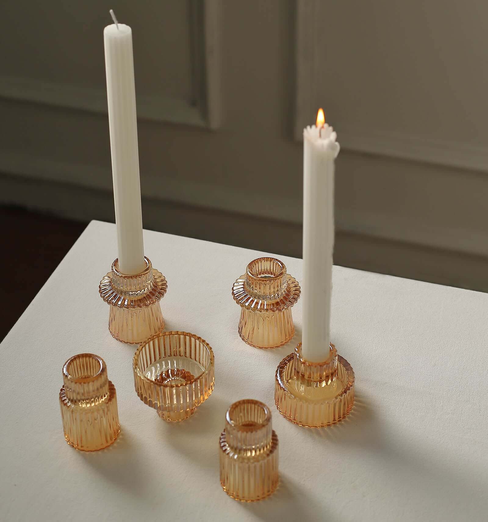 Set of 6 Glass Taper Candle Holders Ribbed Crystal Design Amber Gold - Reversible Mini Votive Tealight Stands 3