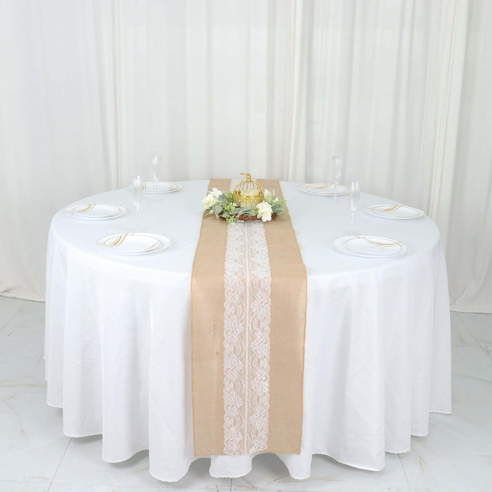 Burlap Jute 14x106 Table Runner Natural With White Middle Lace - Rustic Vintage Tabletop Decor