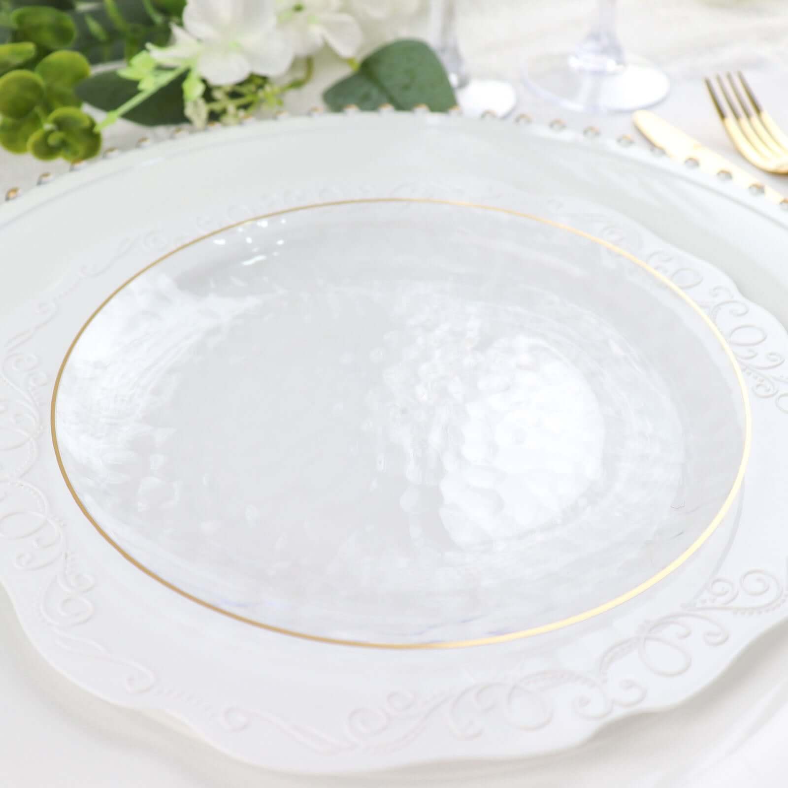 10-Pack Plastic 7 Round Dessert Appetizer Plates in Clear Hammered Design with Gold Rim - Modern Disposable Salad Plates