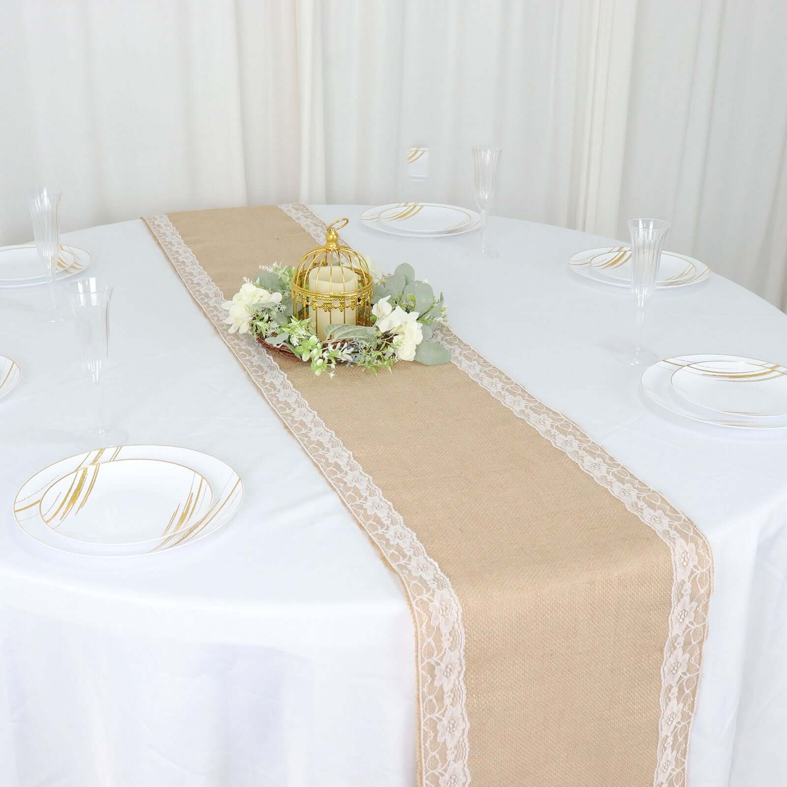 Burlap Jute 14x104 Table Runner Natural With White Lace Trim Edges - Rustic Vintage Tabletop Decor