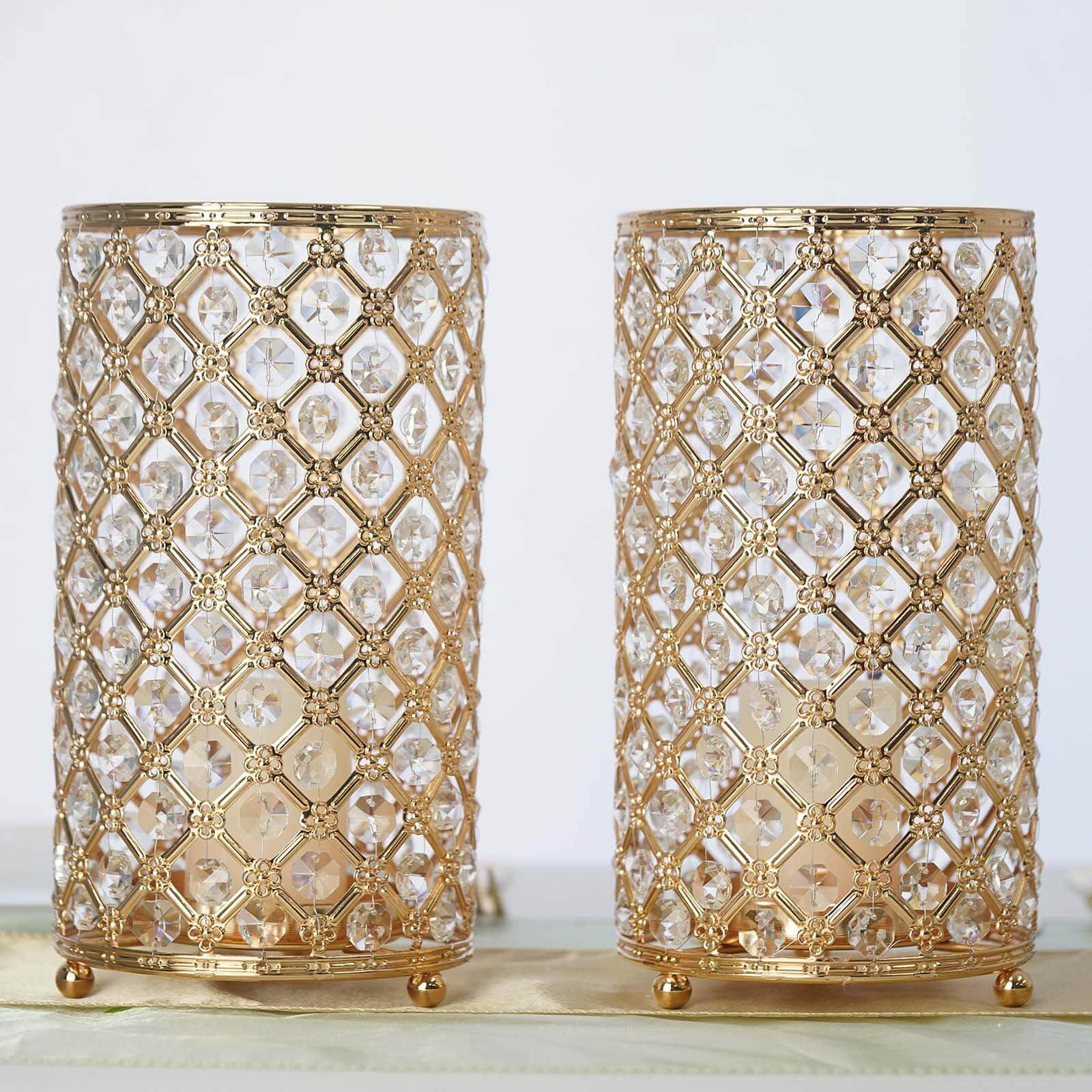 2-Pack Metal Crystal Beaded Pillar Holders Gold - Versatile Stem Vase Set for Decor 9