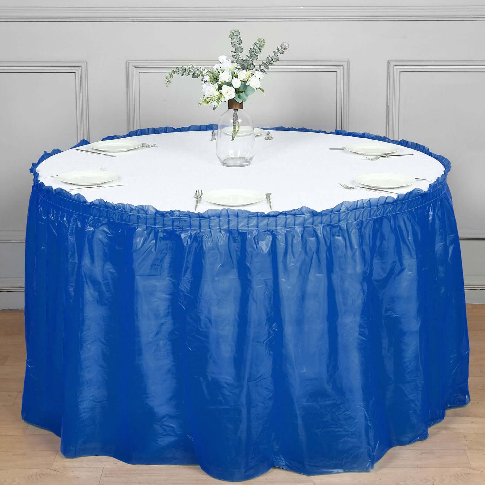 Plastic Table Skirt Royal Blue Ruffled - Durable Disposable Skirt for Events 14ft