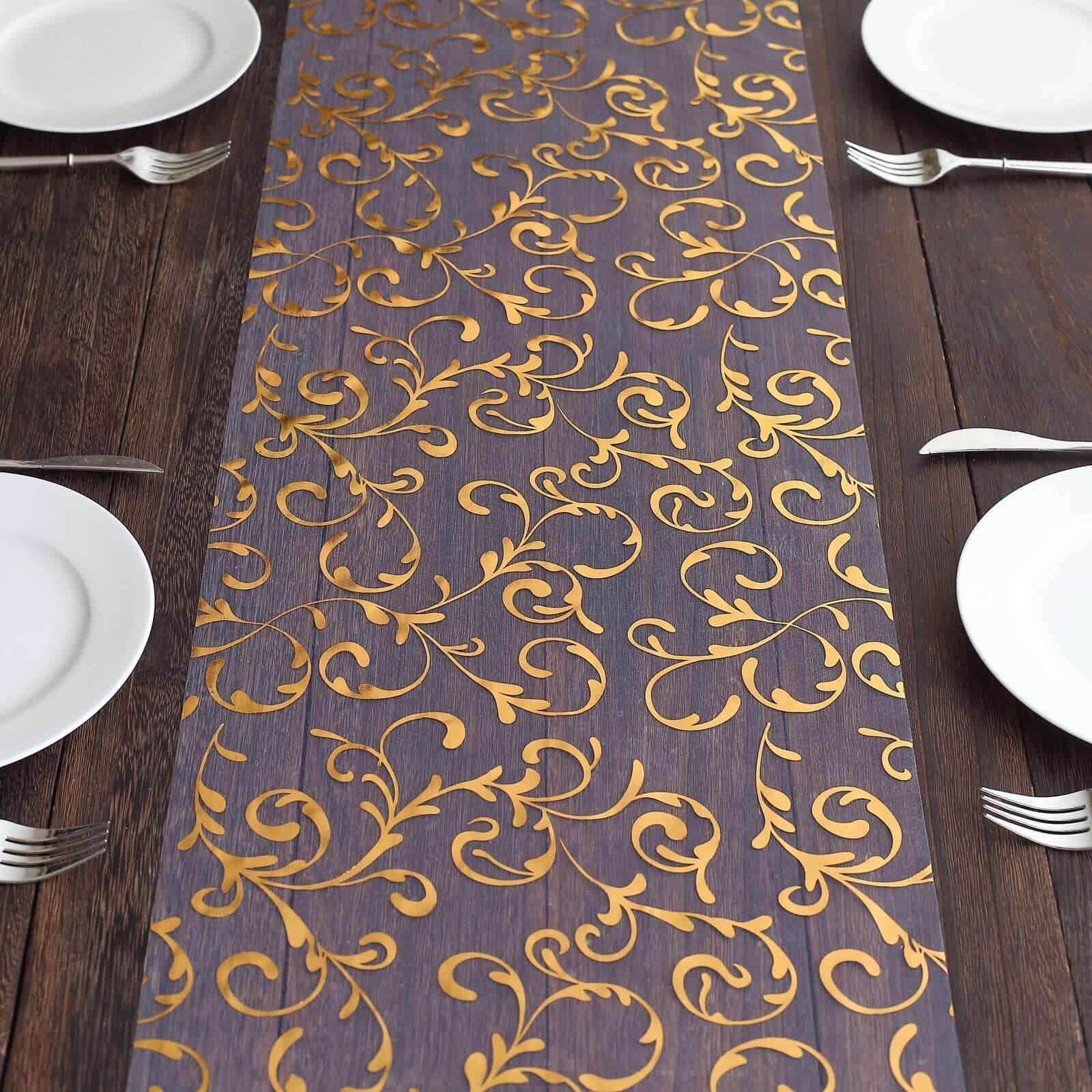 Sheer Organza 12x108 Table Runner Roll Metallic Gold Foil Embossed Floral Design - Stylish Event Decoration