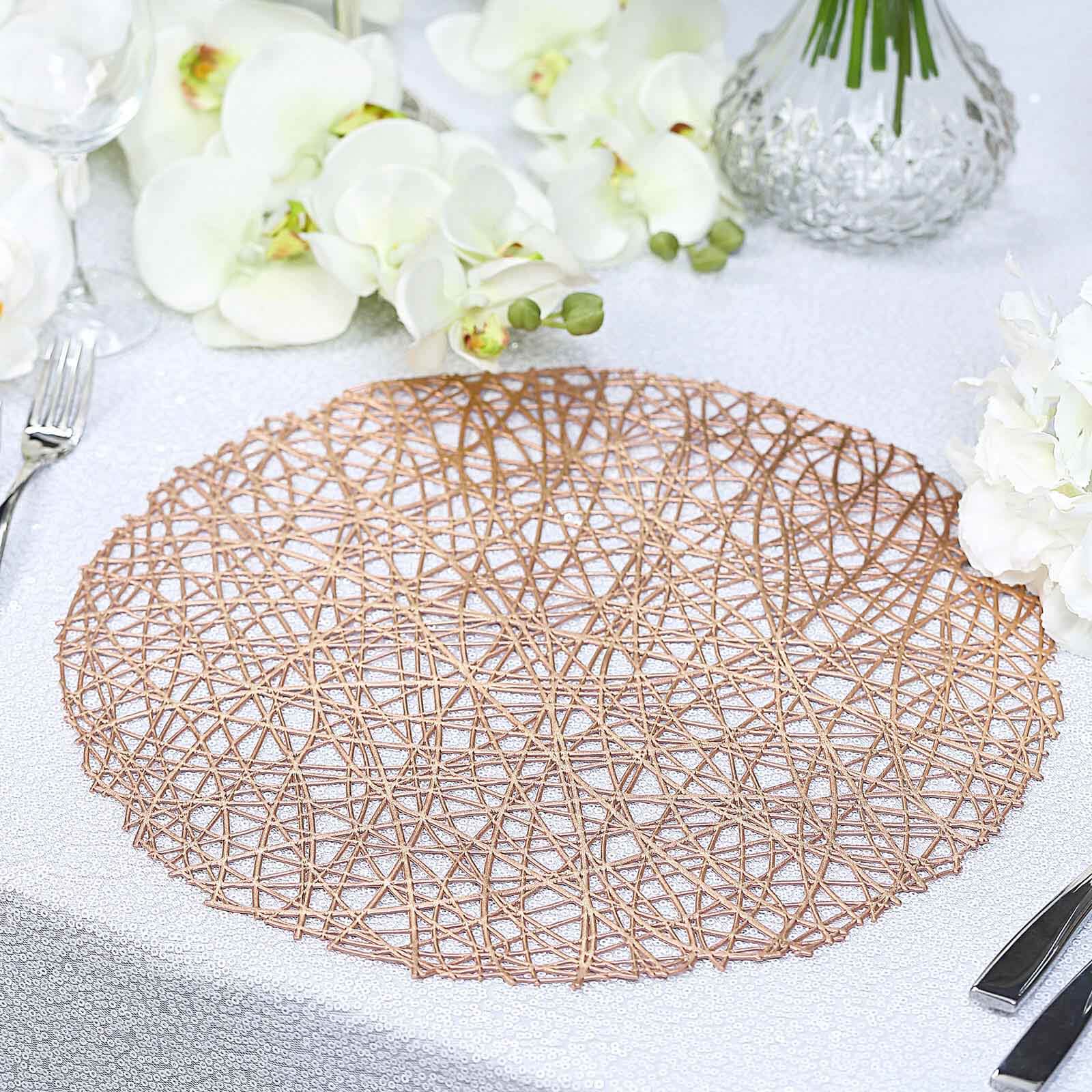 6-Pack Vinyl Placemats Rose Gold Woven Design - Durable Non-Slip Round Table Mats for Dining 15