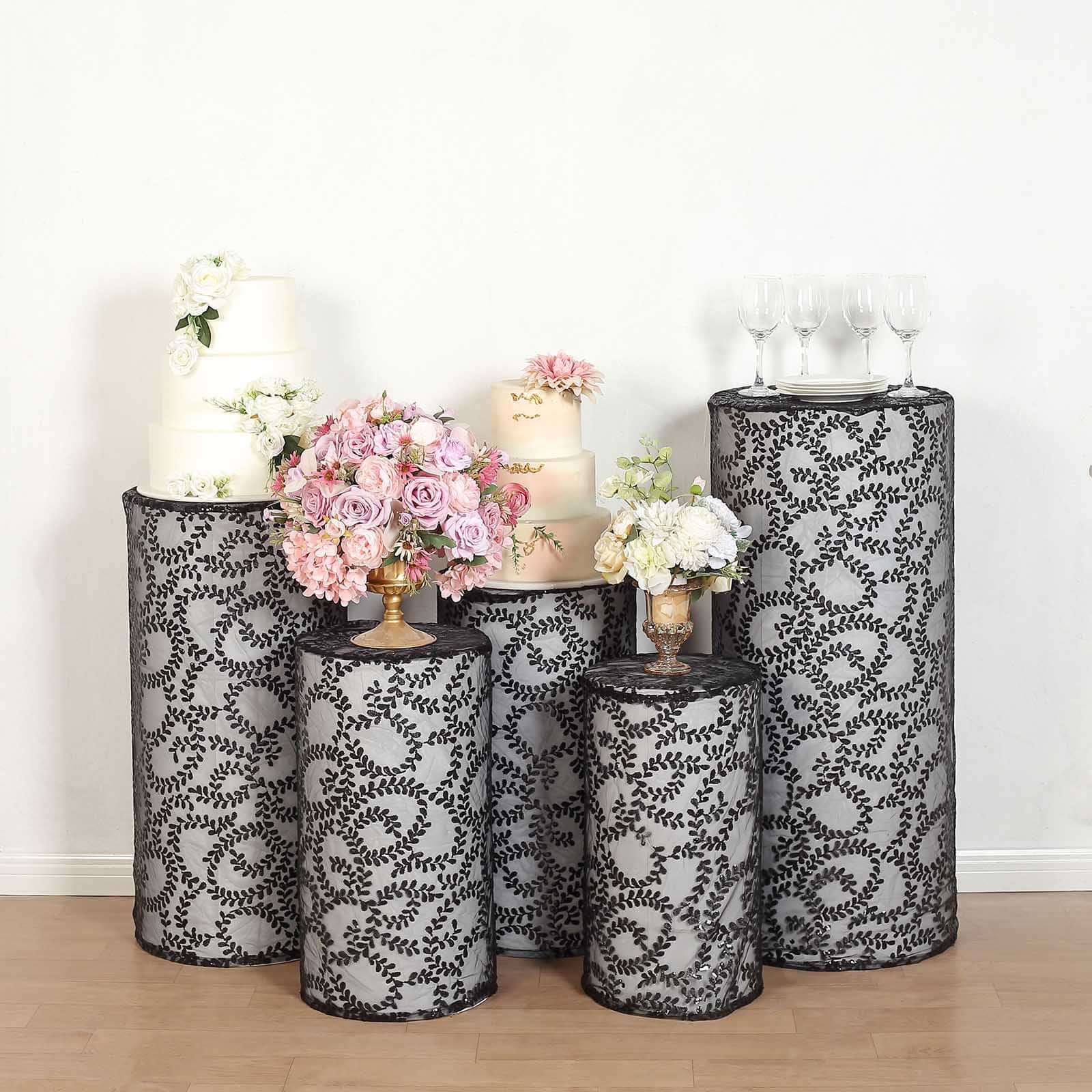 Set of 5 Black Sequin Mesh Cylinder Pedestal Stand Covers with Leaf Vine Embroidery, Sparkly Sheer Tulle Pillar Prop Covers