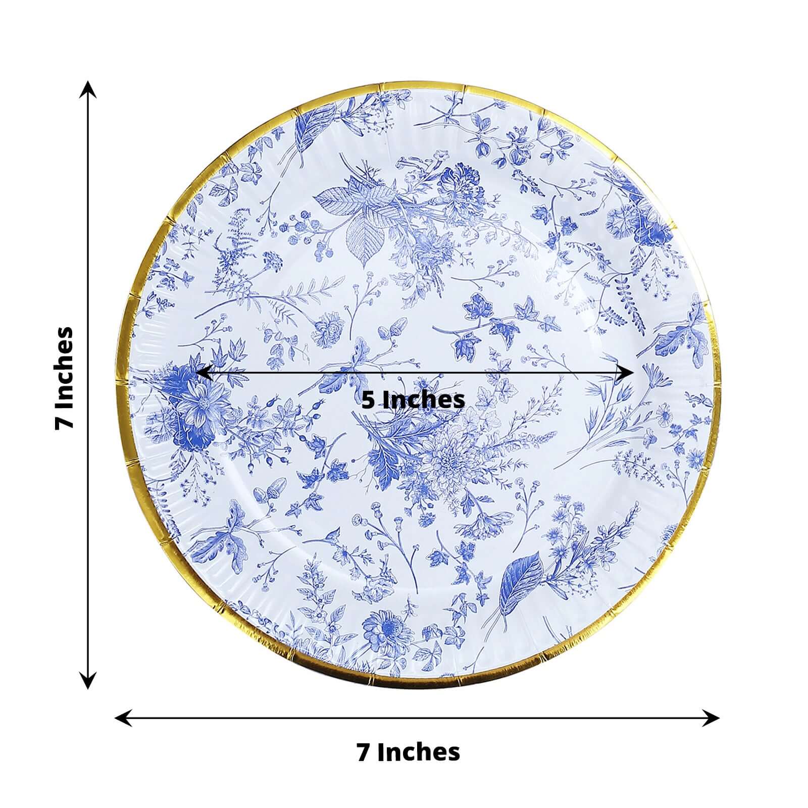 25-Pack Paper 7 Round Dessert Plates in White with Light Blue French Toile Pattern & Gold Rim - Disposable Salad Appetizer Plates for Luncheons & Garden Themes