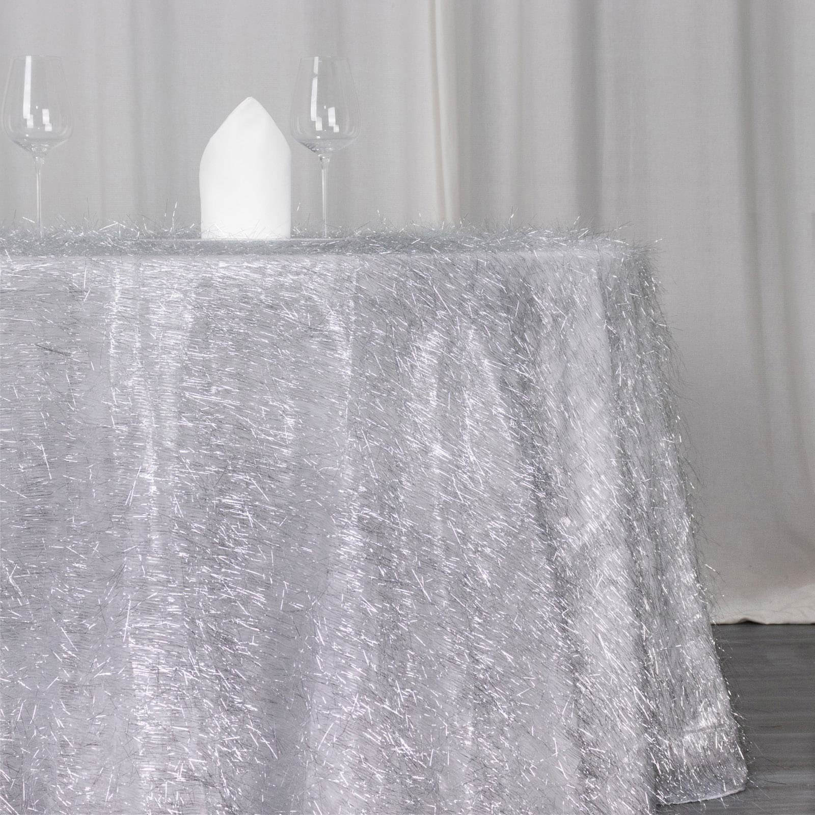 Polyester 120 Round Silver Tablecloth Metallic Fringe Shag Tinsel Table Cover