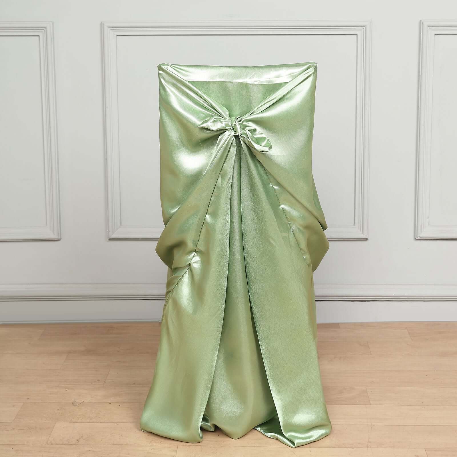 Satin Chair Cover Self-Tie Universal Design Sage Green - Durable Slip-On Cover for Folding, Dining, Banquet & Standard Chairs