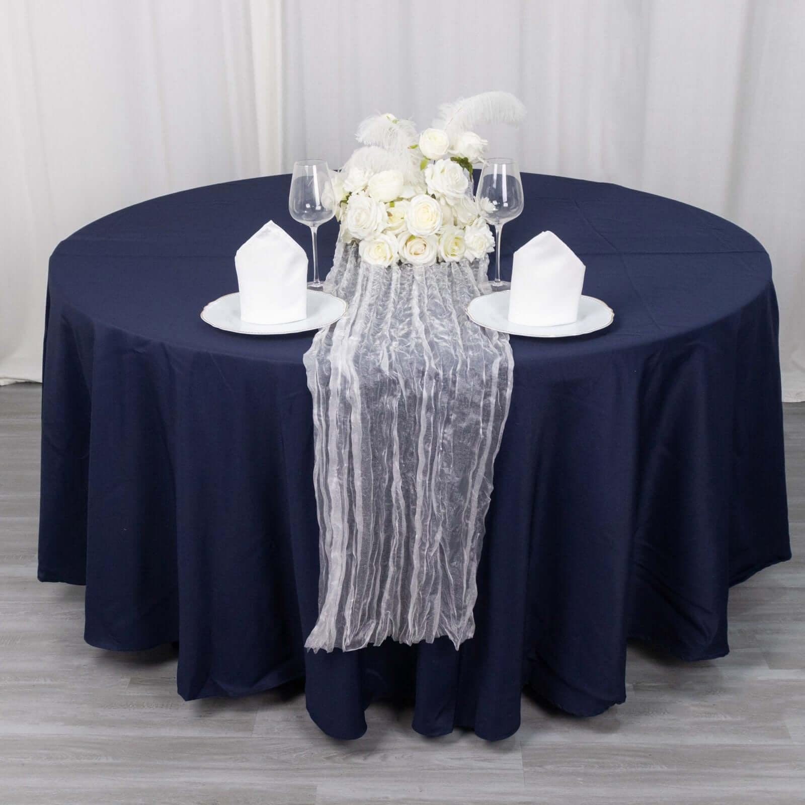 Sheer Crinkled Organza 9ft Table Runner White - Rustic Style Shimmer Chiffon Runner