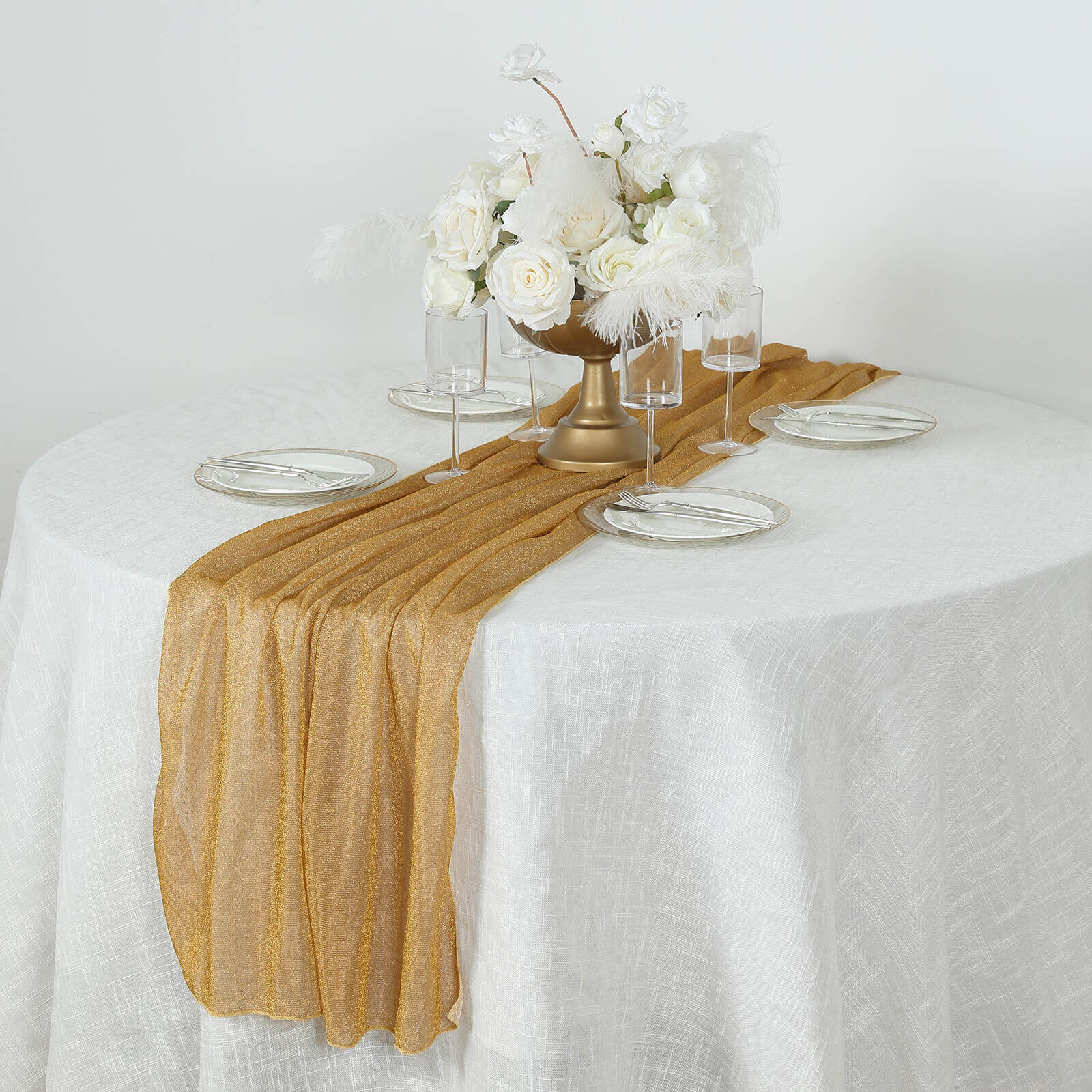 Glitter Gauze 27x120 Table Runner Gold - Sparkling Reusable Wrinkle-Free Sheer Table Linen for Events