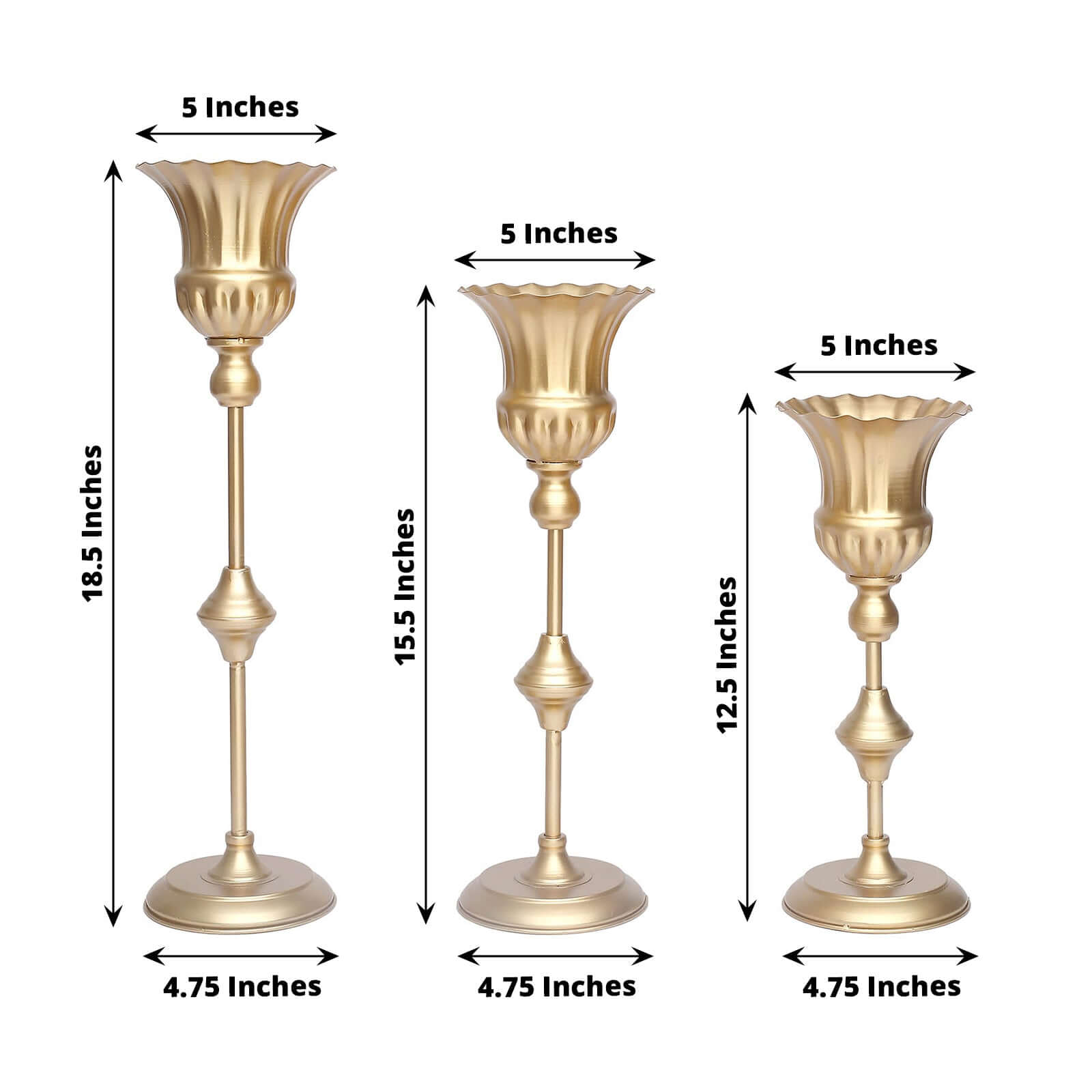 Set of 3 Trumpet Flower Vase Centerpieces Metallic Gold - Vintage Style Flute Table Decorative Stands 13, 16, 19