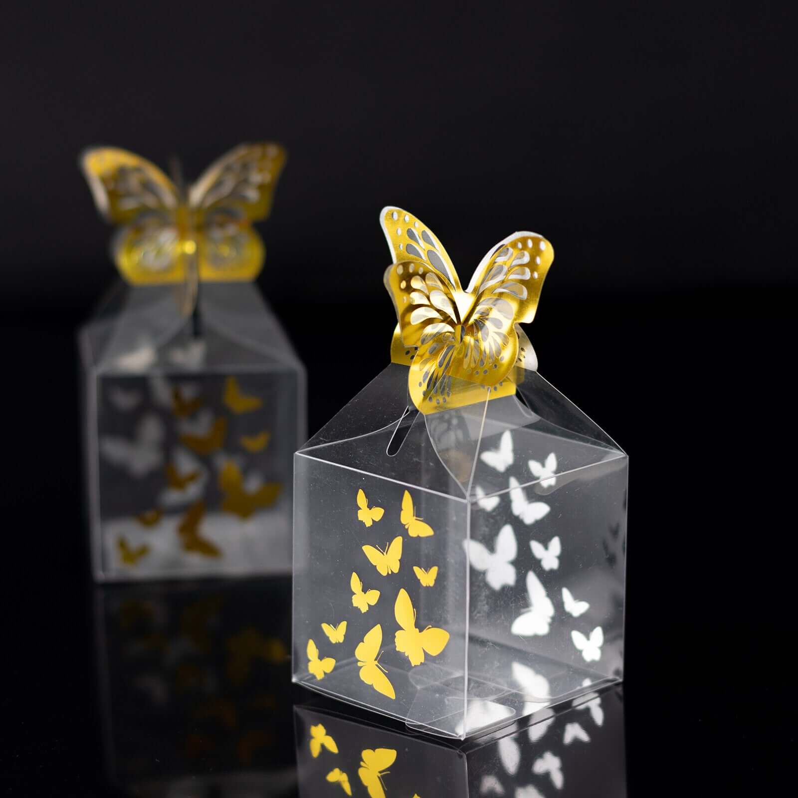 25 Pack Clear Transparent Square Party Favor Boxes with Gold Butterfly Top, Clear Candy Treat Gift Boxes - 2x2x4