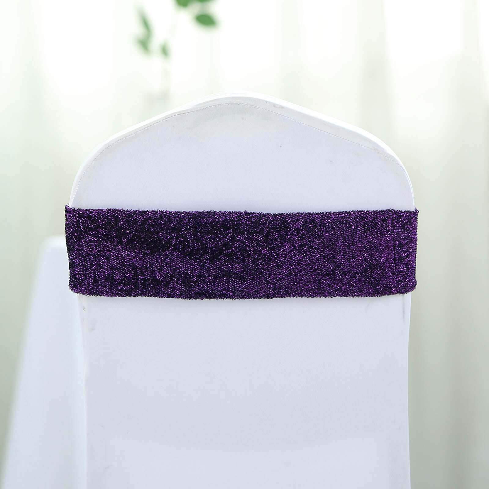 5 Pack Metallic Shimmer Tinsel Spandex Chair Sashes Purple - Durable and Reusable Stretch Chair Bands