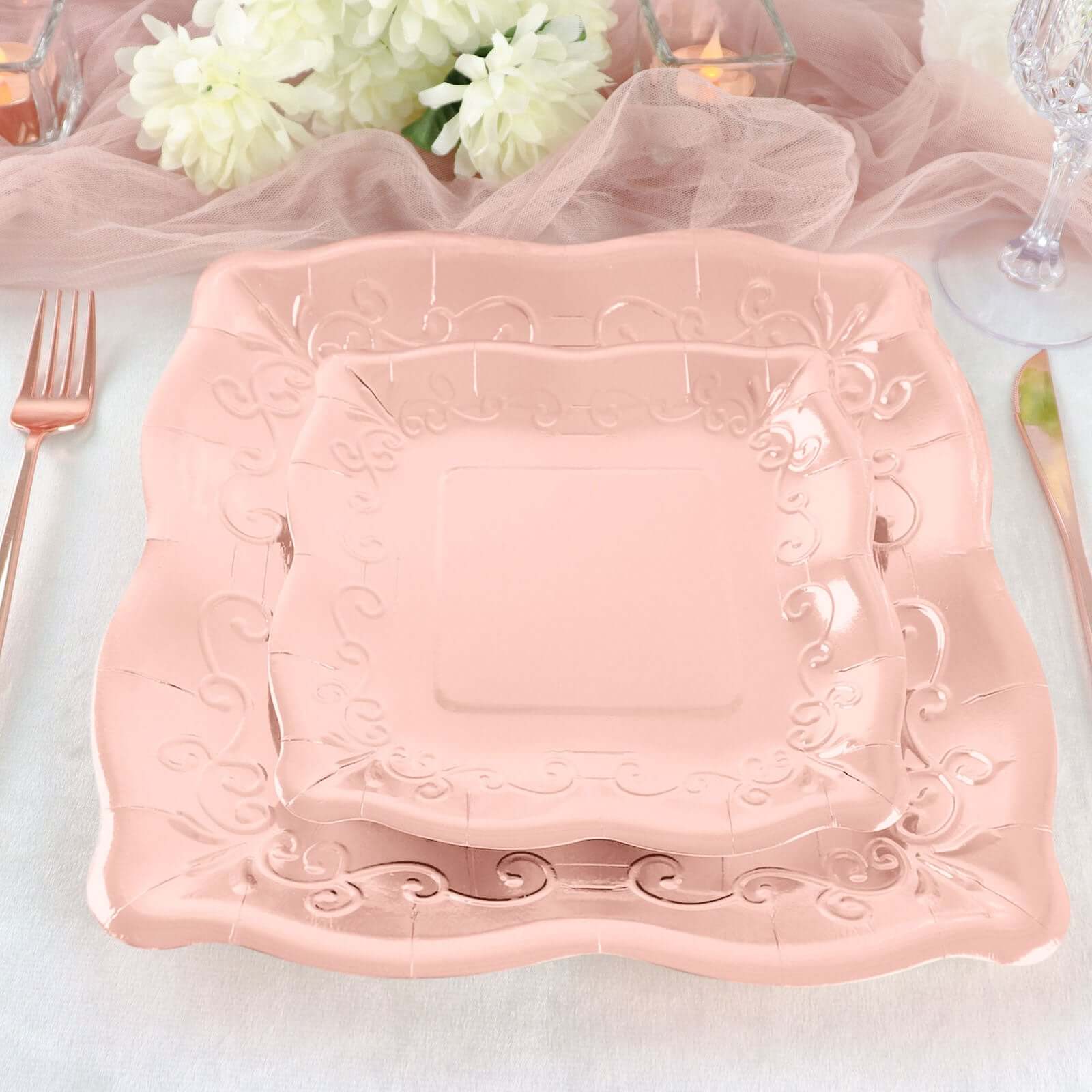 25-Pack Paper 7 Square Dessert Plates in Rose Gold with Vintage Pottery Embossed Design - Shiny Metallic Disposable Appetizer Plates