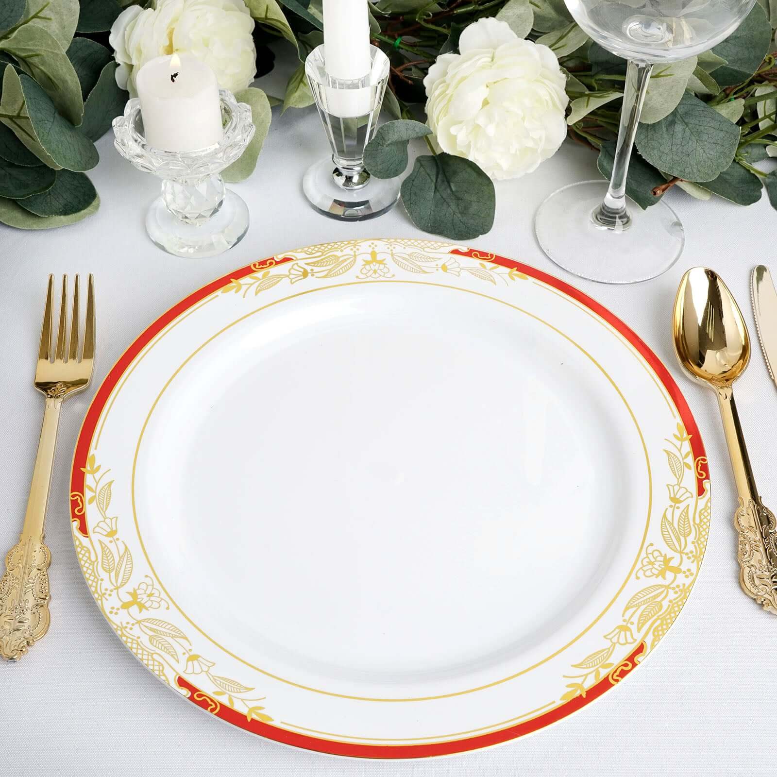 10 Pack White With Red Rim 10 Plastic Dinner Plates, Round With Gold Vine Design