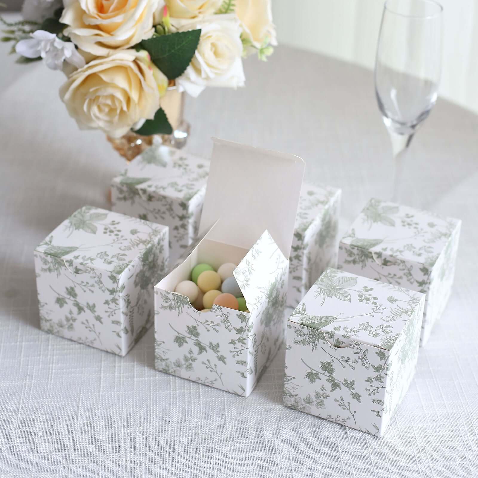 25 Pack White Sage Green Paper Favor Boxes in French Toile Pattern, Cardstock Party Shower Candy Gift Boxes - 3x3x3