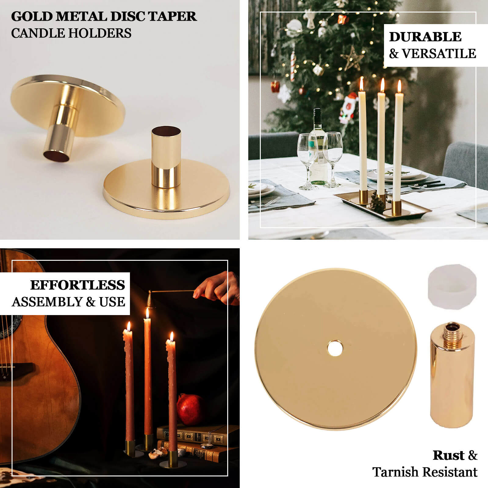 2-Pack Metal Taper Candle Holders Short Vintage Retro Style Gold with Round Disc Base - Decorative Candle Sticks 4x2