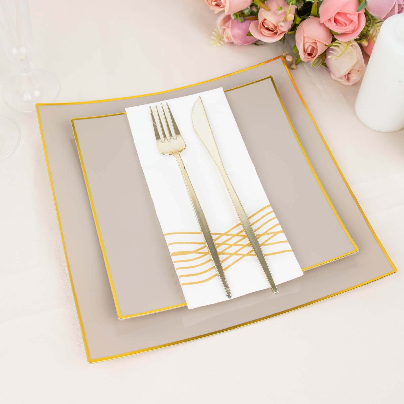 10-Pack Plastic 8 Square Dessert Plates in Taupe Concave Style with Gold Rim - Modern Disposable Salad Appetizer Party Plates