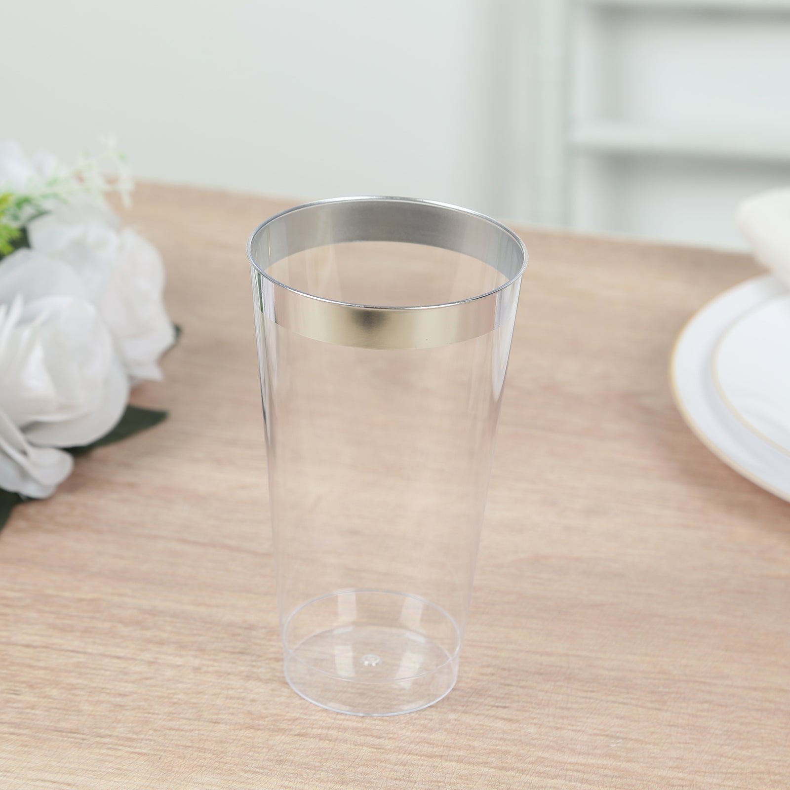 12-Pack Plastic Party Cups Clear with Silver Rim - Durable Disposable Tumblers for Drinks 17oz 5.5