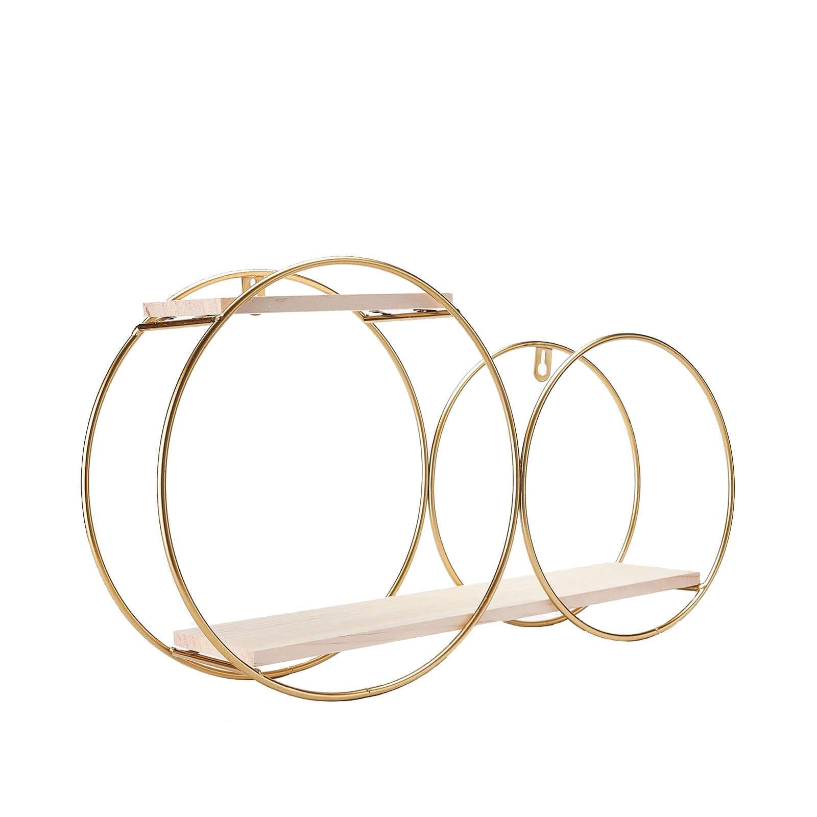 10x18 2-Tier Round Floating Shelf, Dessert Display Stand, Hanging Wall Shelf Gold With Double Hoop Design