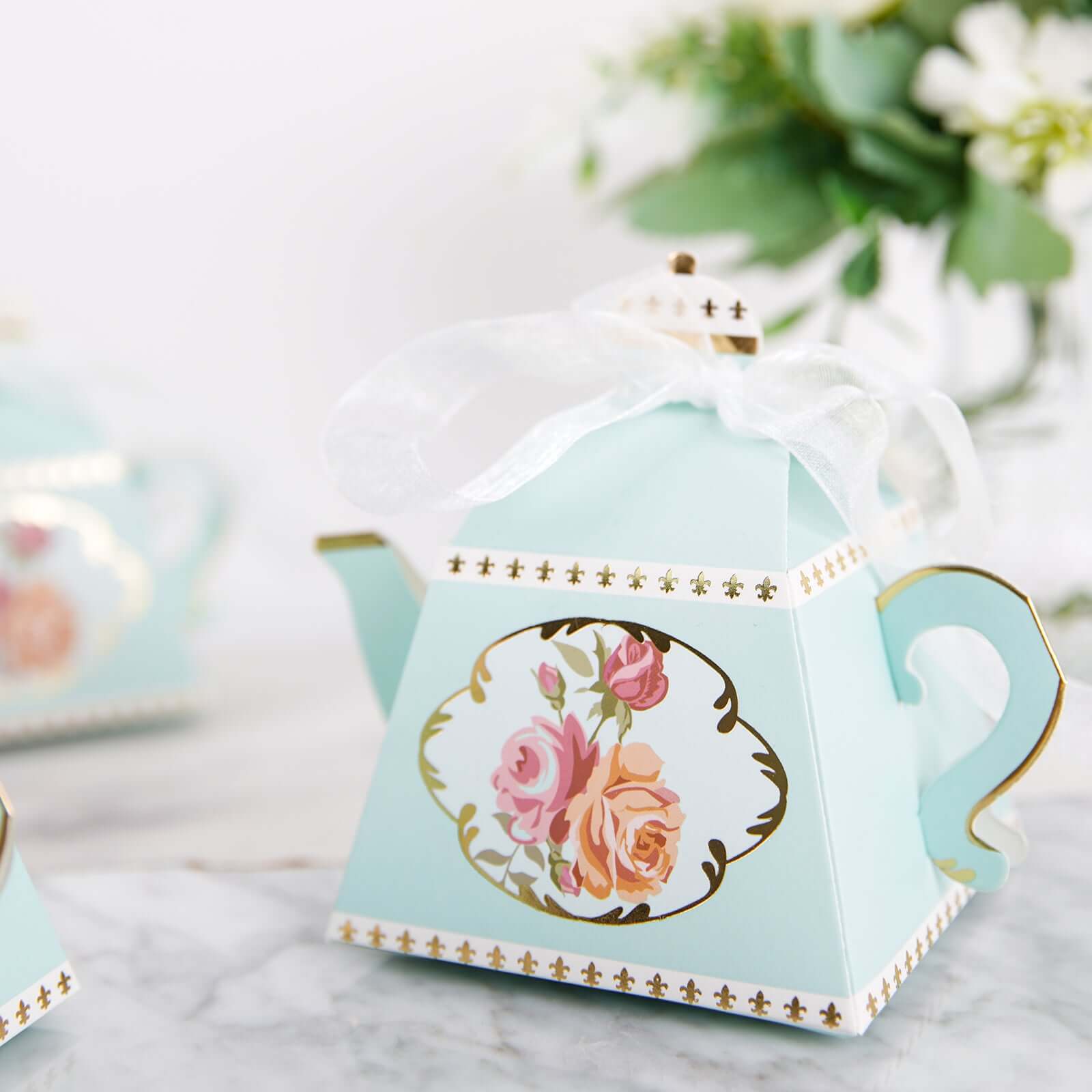 25 Pack 4 Light Turquoise Mini Teapot Favor Boxes, Vintage Rose Gift Boxes with Ribbons