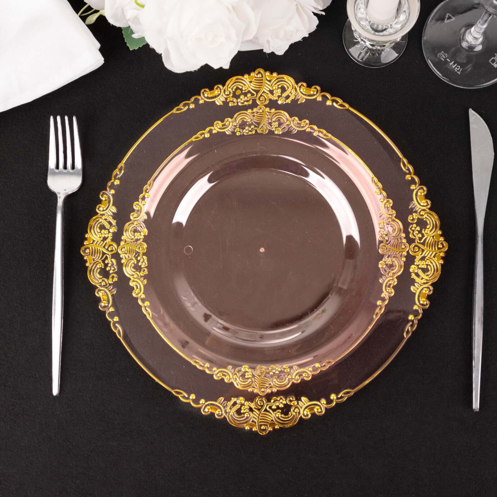 10-Pack Plastic 8 Round Dessert Plates in Transparent Blush with Gold Leaf Embossed Rim - Disposable Vintage Baroque Style Salad Plates