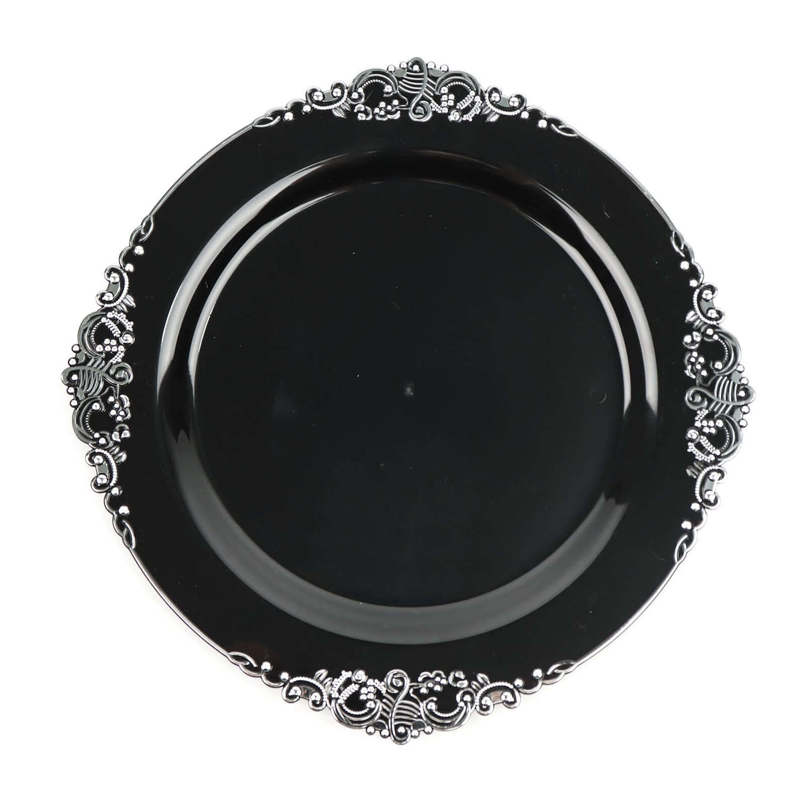 10-Pack Plastic 10 Round Dinner Plates in Black with Silver Leaf Embossed Rim - Disposable Vintage Baroque Style Plates