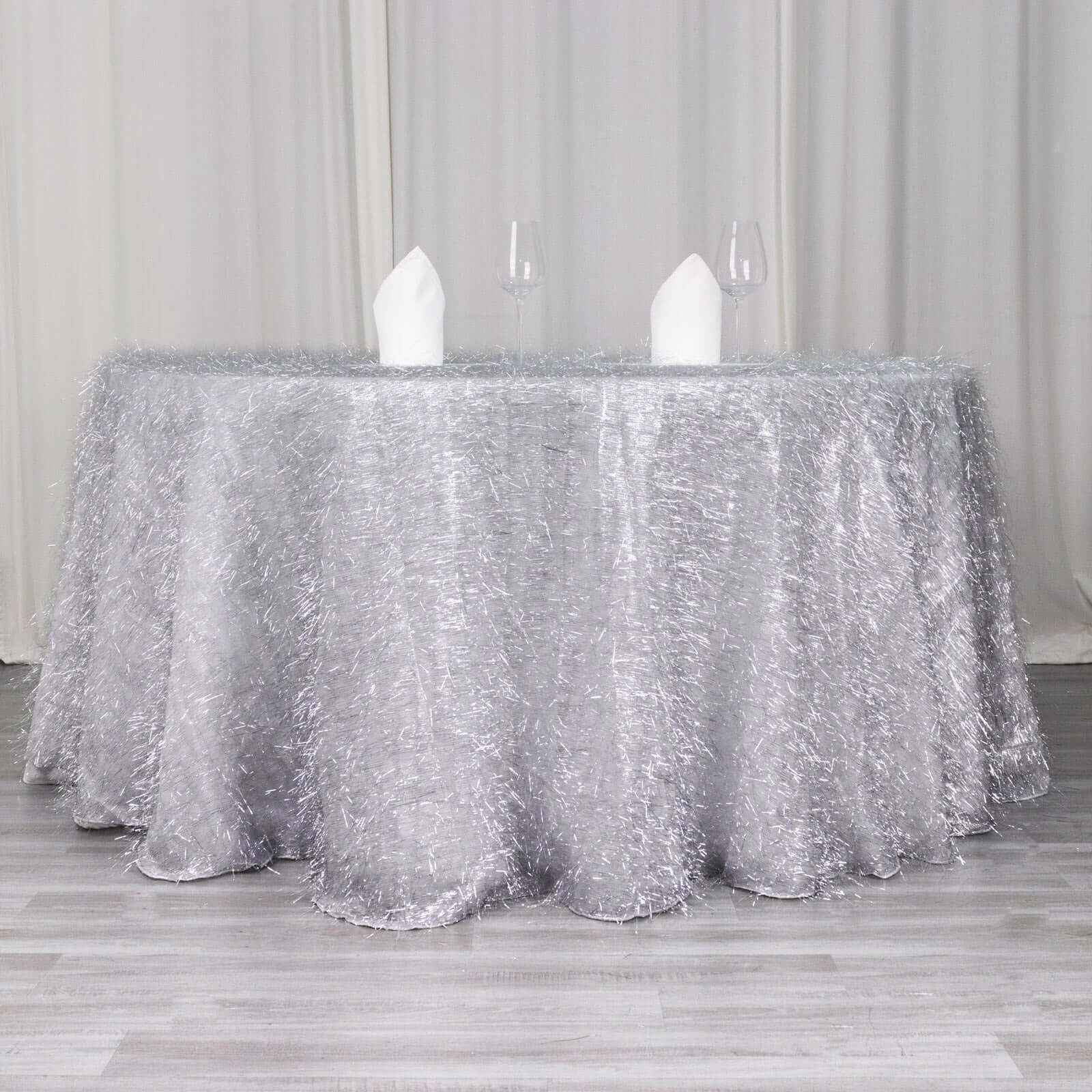 Polyester 120 Round Silver Tablecloth Metallic Fringe Shag Tinsel Table Cover