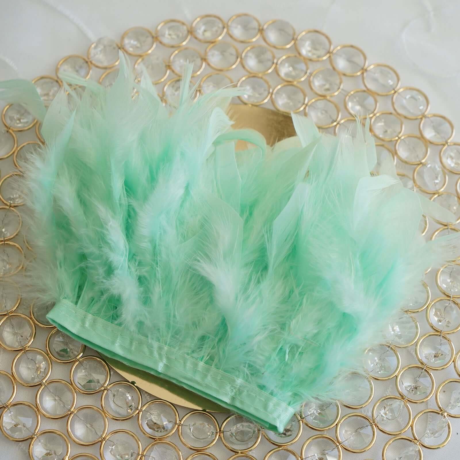 39 Mint Real Turkey Feather Fringe Trim With Satin Ribbon Tape