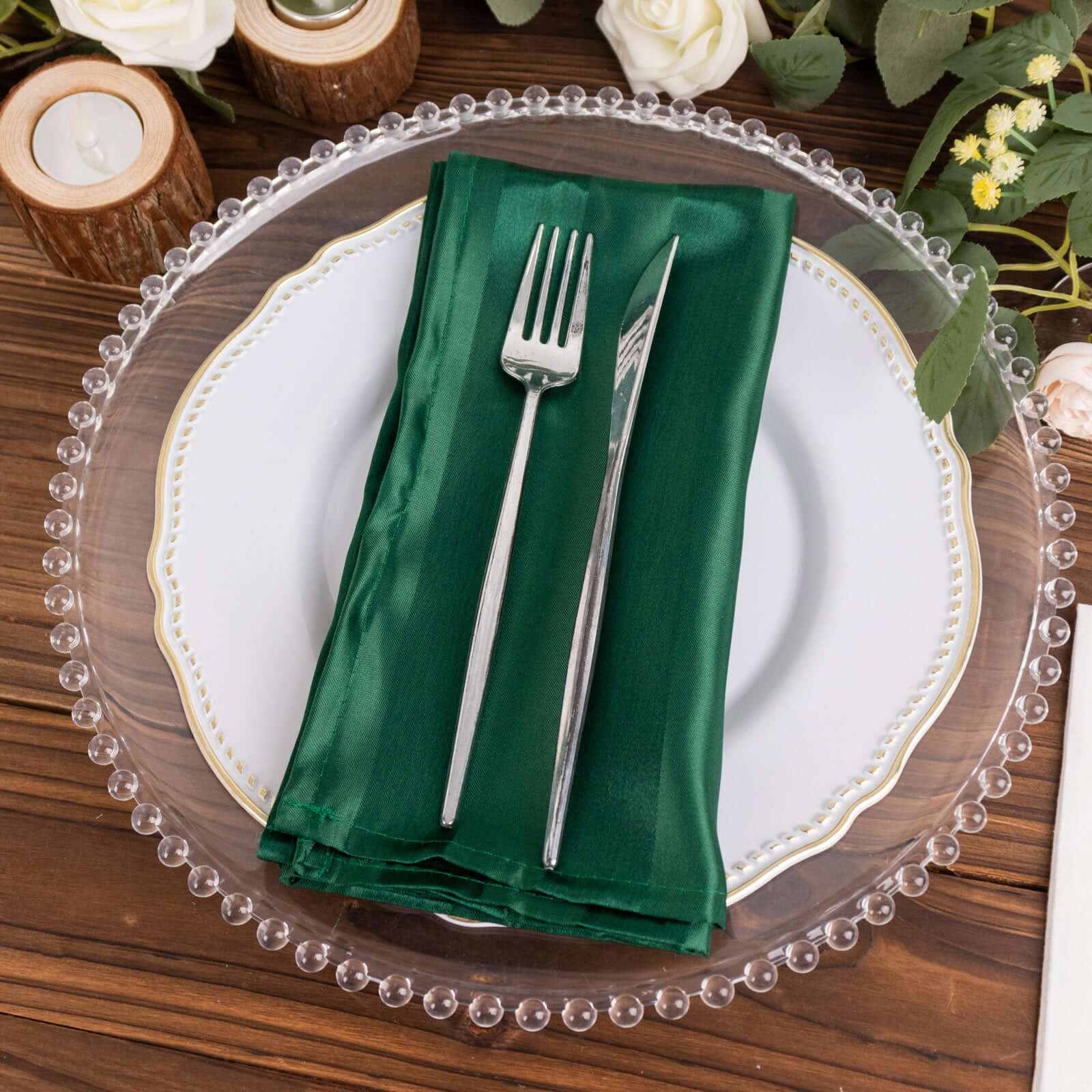 5 Pack Satin 20x20 Napkins Hunter Emerald Green Glossy Stripes - Durable & Wrinkle-Free Cloth Napkins