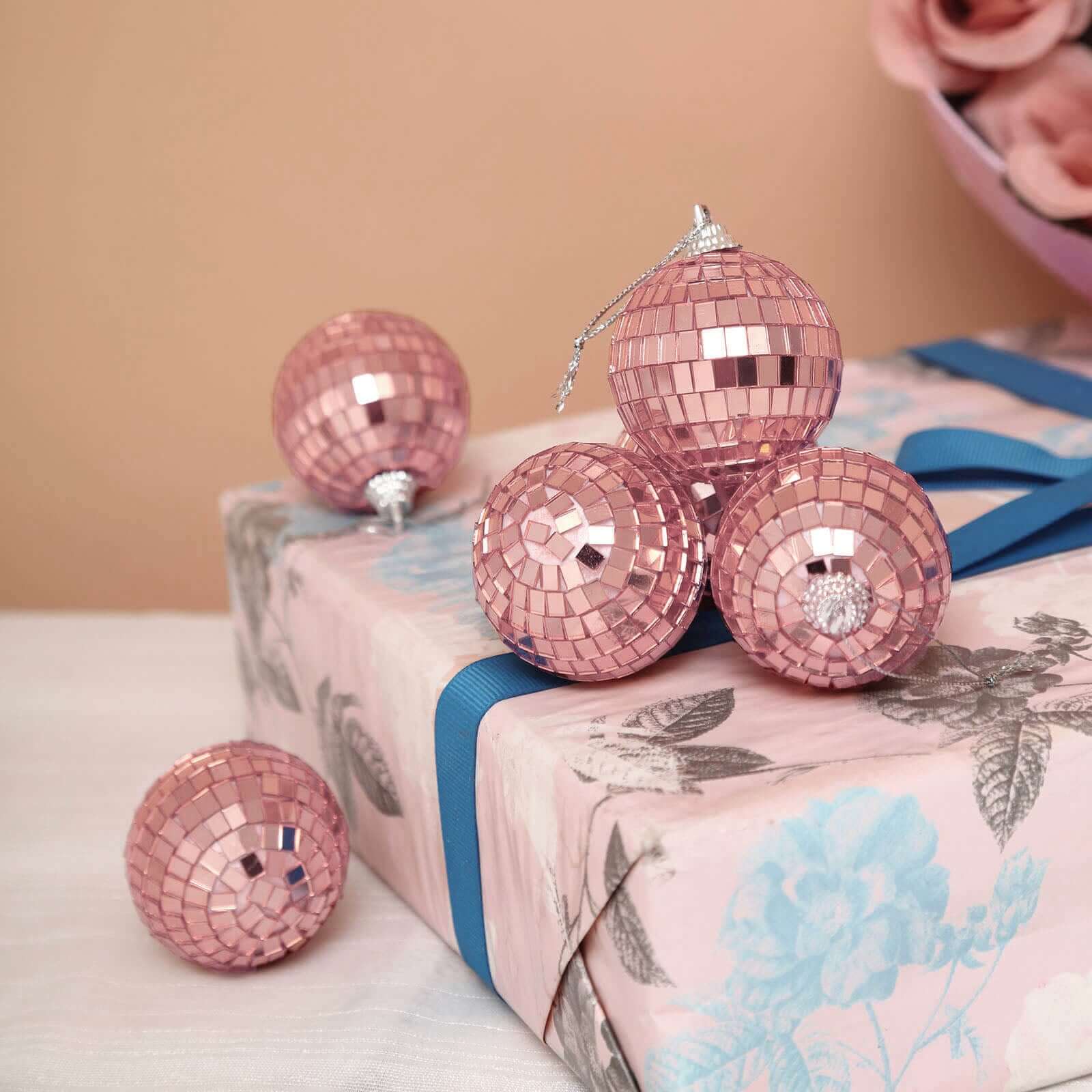 6 Pack 2 Rose Gold Foam Disco Mirror Ball With Hanging Strings, Holiday Christmas Ornaments