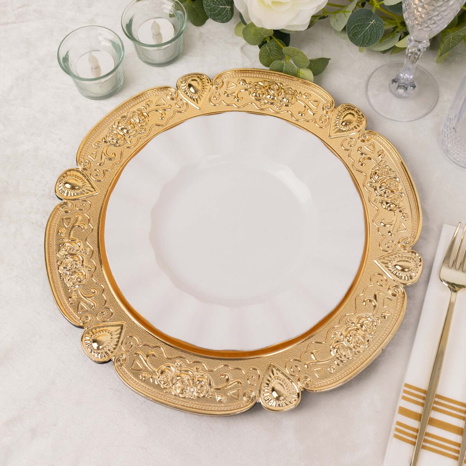 6-Pack Acrylic Round Charger Plates 13 in Gold Floral Embossed with Scalloped Rim, Plastic Decorative Charger Tableware