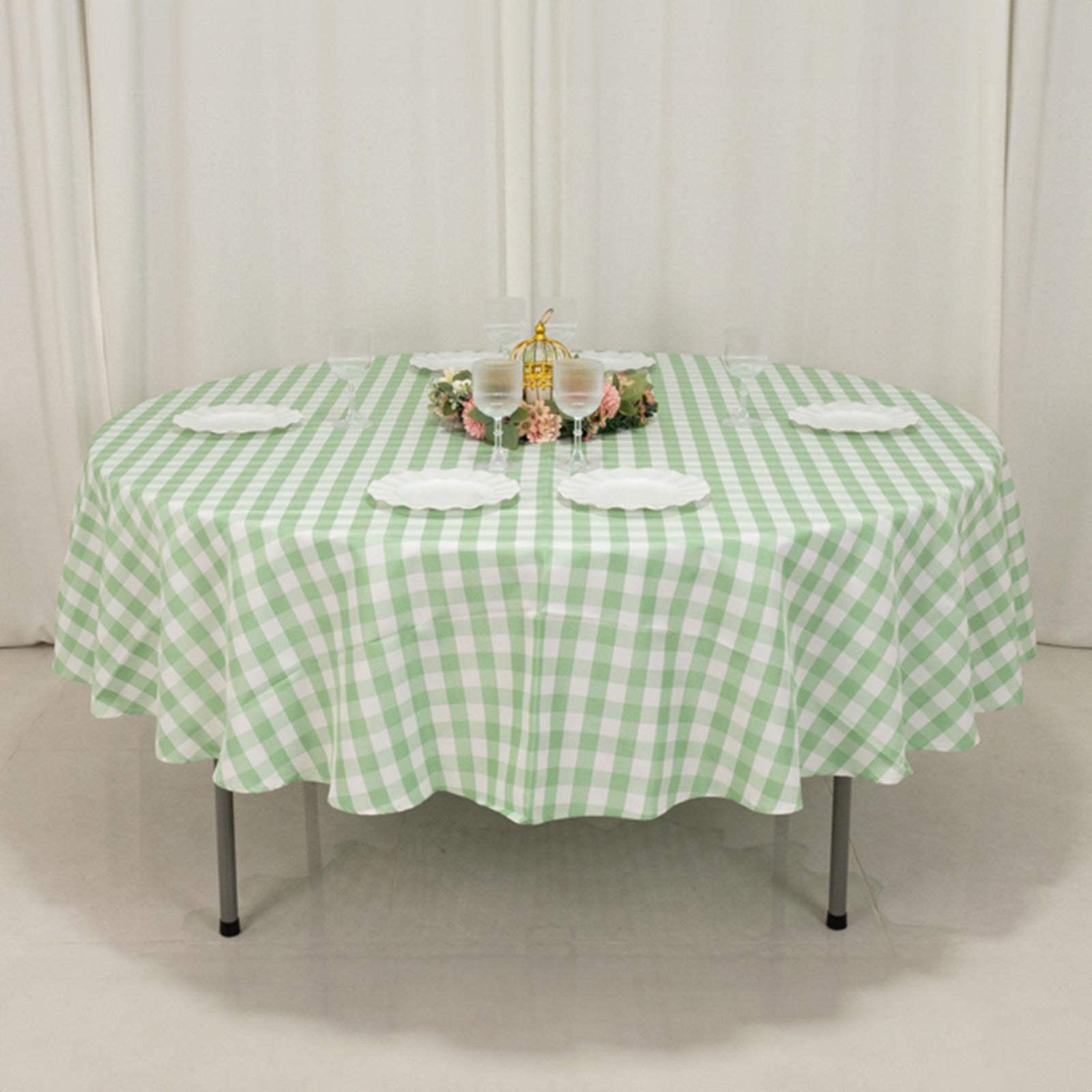 Polyester 90 Round Tablecloth White/Sage Green - Checkered Buffalo Plaid Table Cover