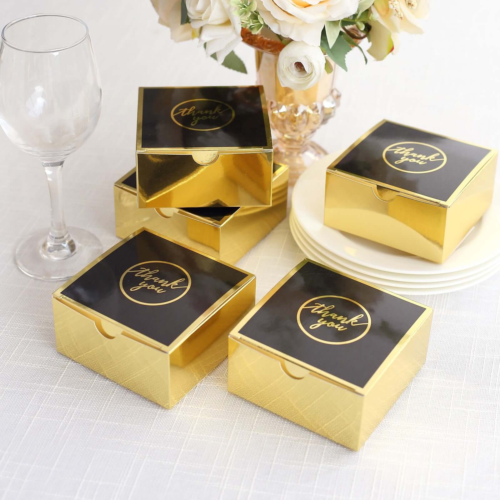 25 Pack Black Gold Thank You Print Paper Favor Boxes, Cardstock Party Shower Candy Gift Boxes - 4x4x2