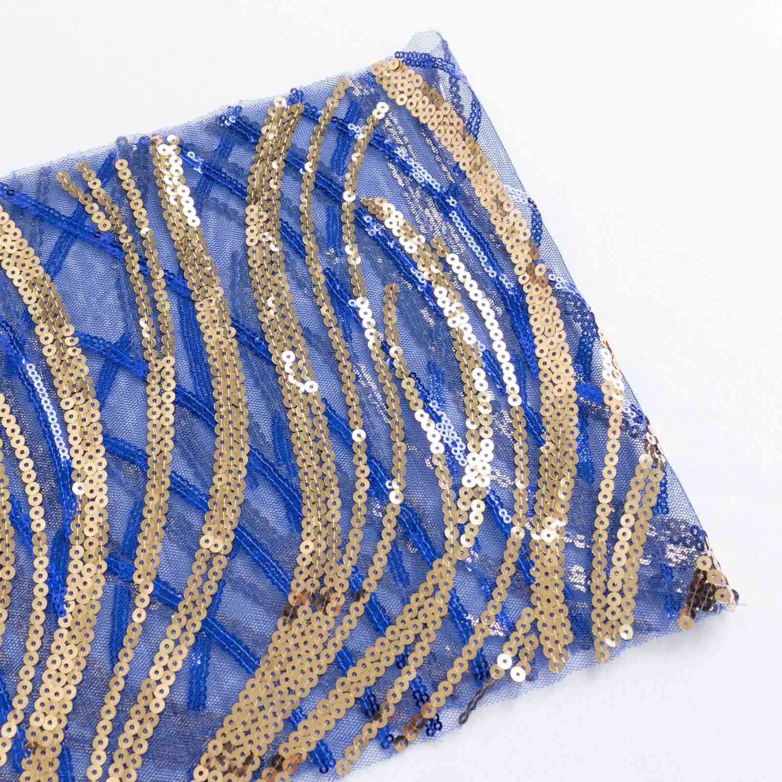 5 Pack Chair Sash Bands with Wave Embroidered Sequins Royal Blue/Gold