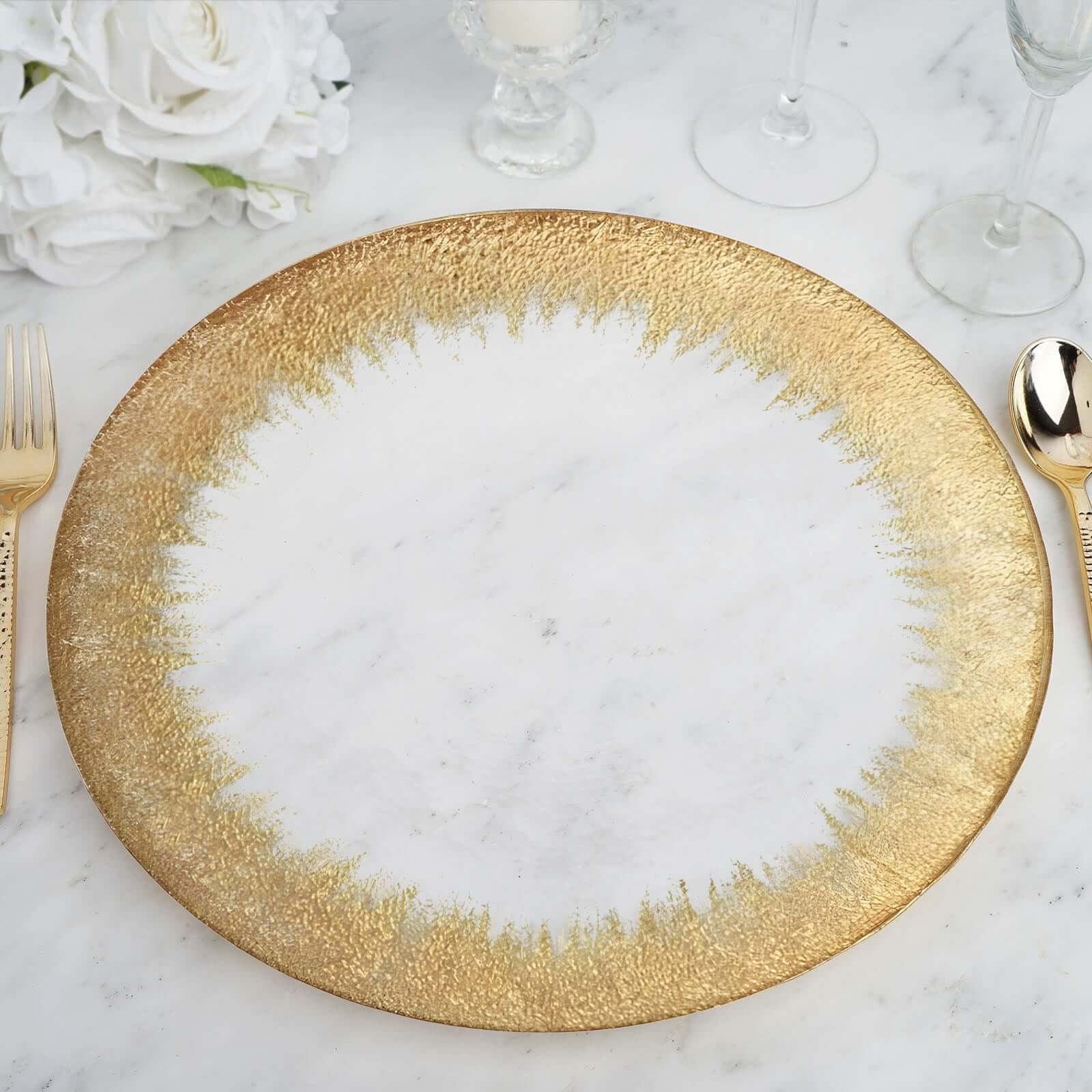 8-Pack Glass Round Charger Plates 13 in Clear with Metallic Gold Spray Rim, Decorative Dinner Charger Tableware