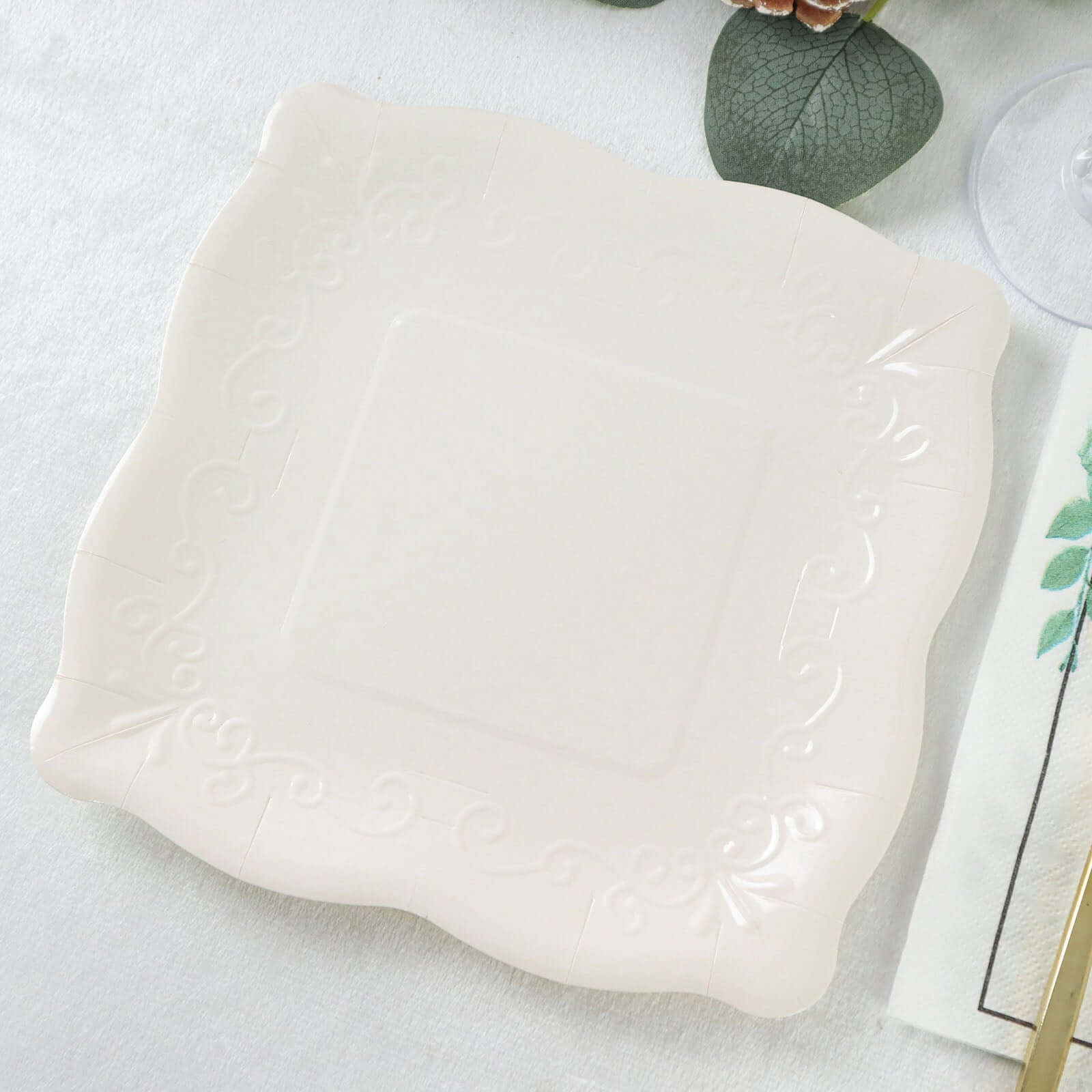 25-Pack Paper 7 Square Dessert Plates in White with Vintage Pottery Embossed Design - Shiny Disposable Appetizer Plates