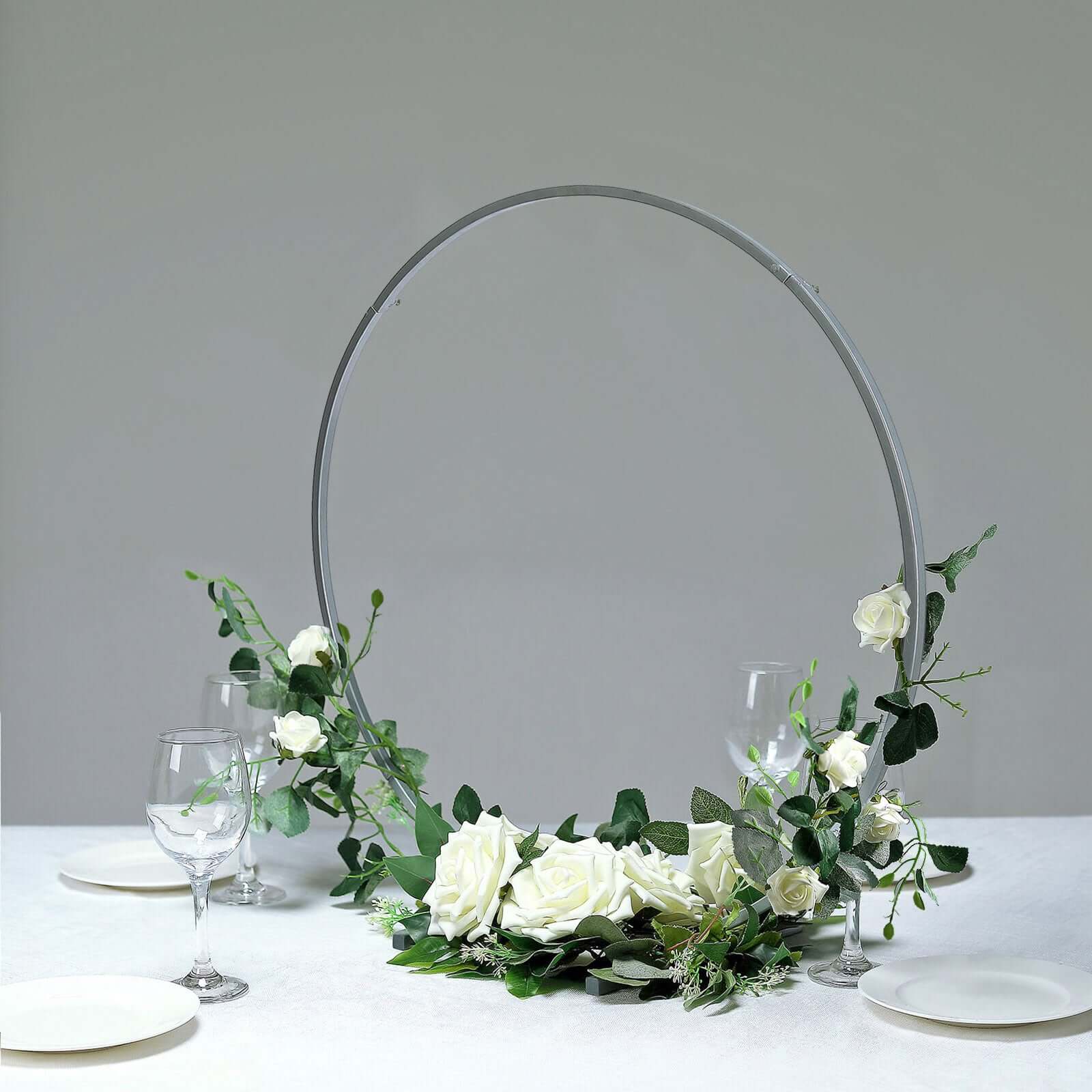 24 Silver Round Arch Wedding Centerpiece, Metal Hoop Wreath Tabletop Decor