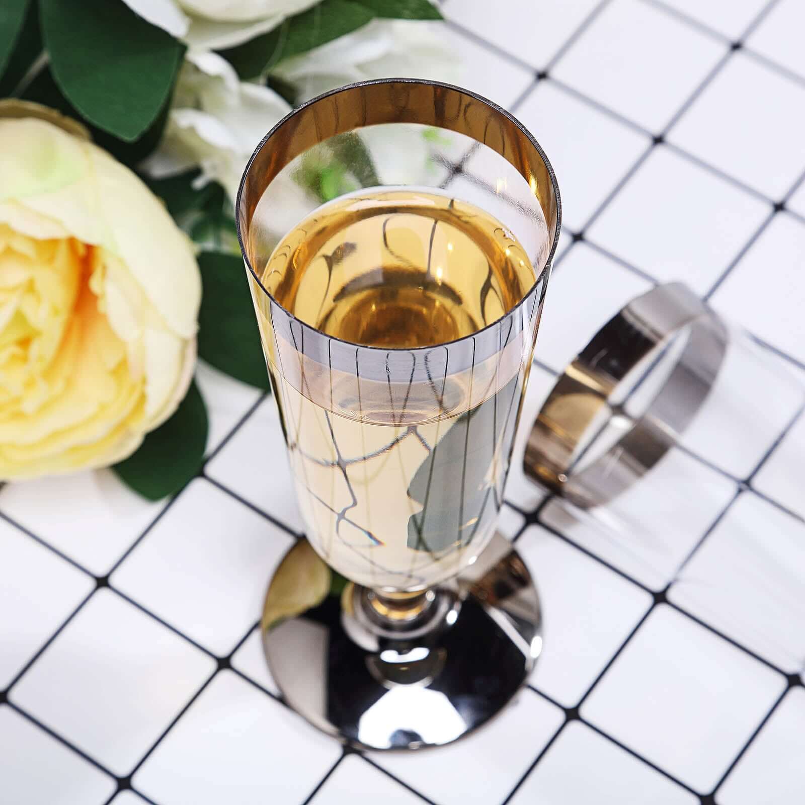 12-Pack Plastic Champagne Glasses Clear with Chrome Silver Rim - Stylish Short Stem Disposable Flutes for Events 6oz