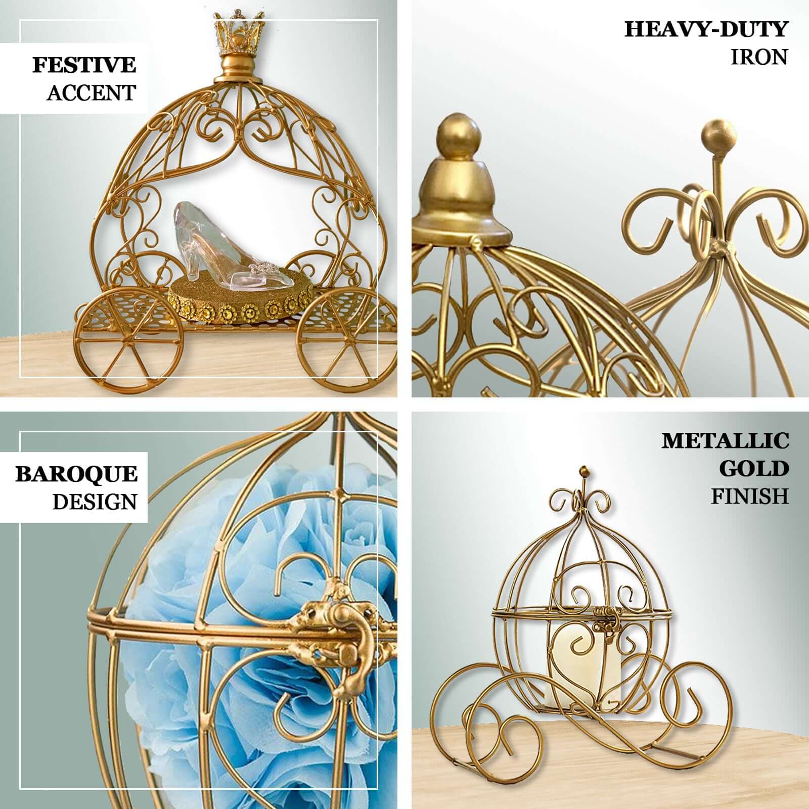 Candle Holder Gold Wrought Iron Cinderella Carriage Card Display - Wedding Table Accent 11