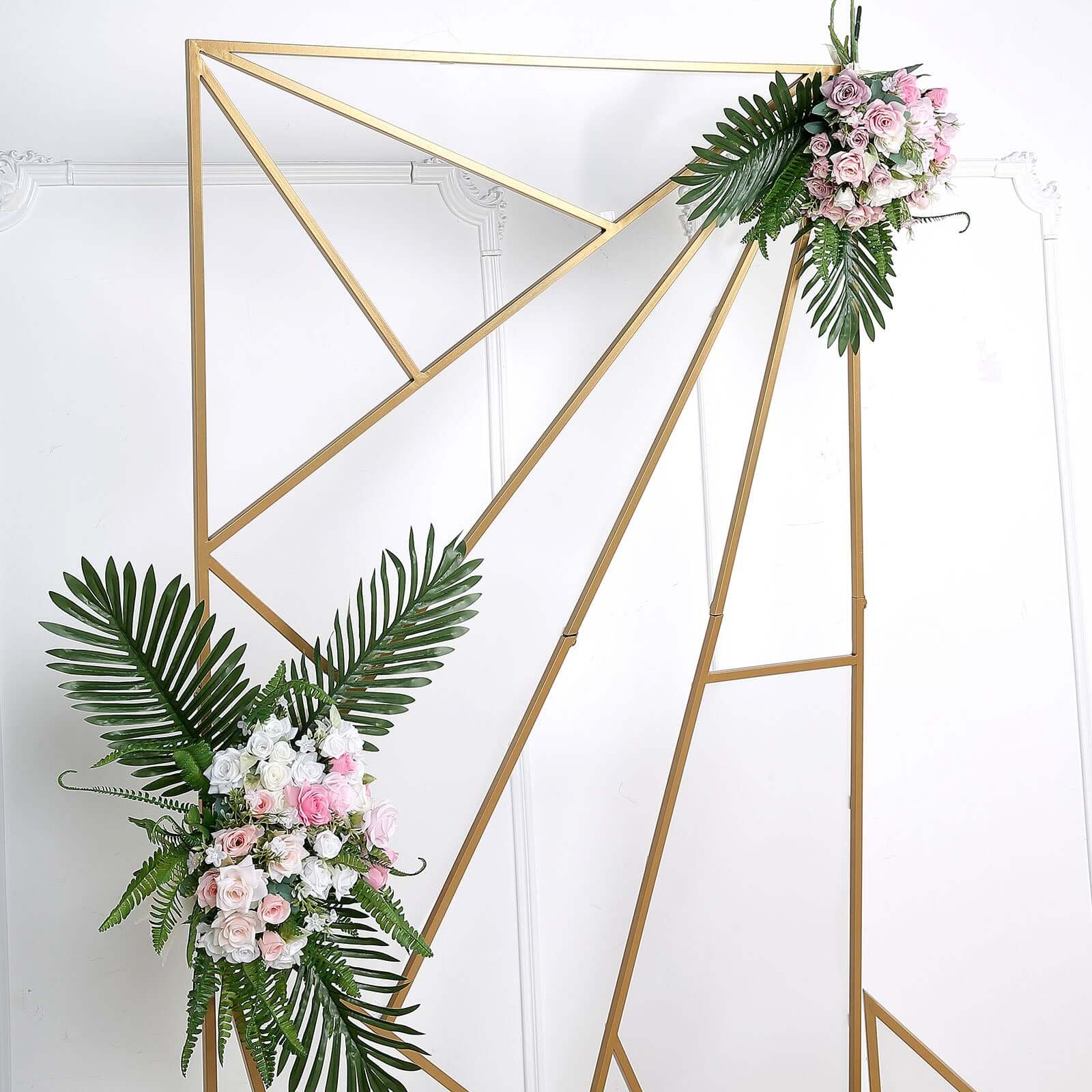 7ft Tall Gold Metal Rectangular Geometric Flower Frame Prop Stand, Wedding Backdrop Floor Stand With Cloudy Film Insert