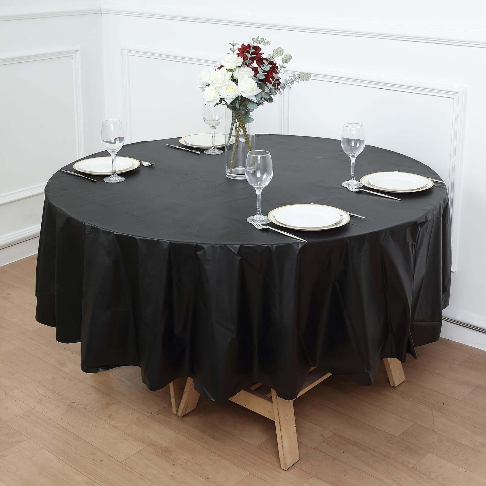 5-Pack Plastic Table Covers Black Round - Durable PVC Disposable Tablecloths for Events 84